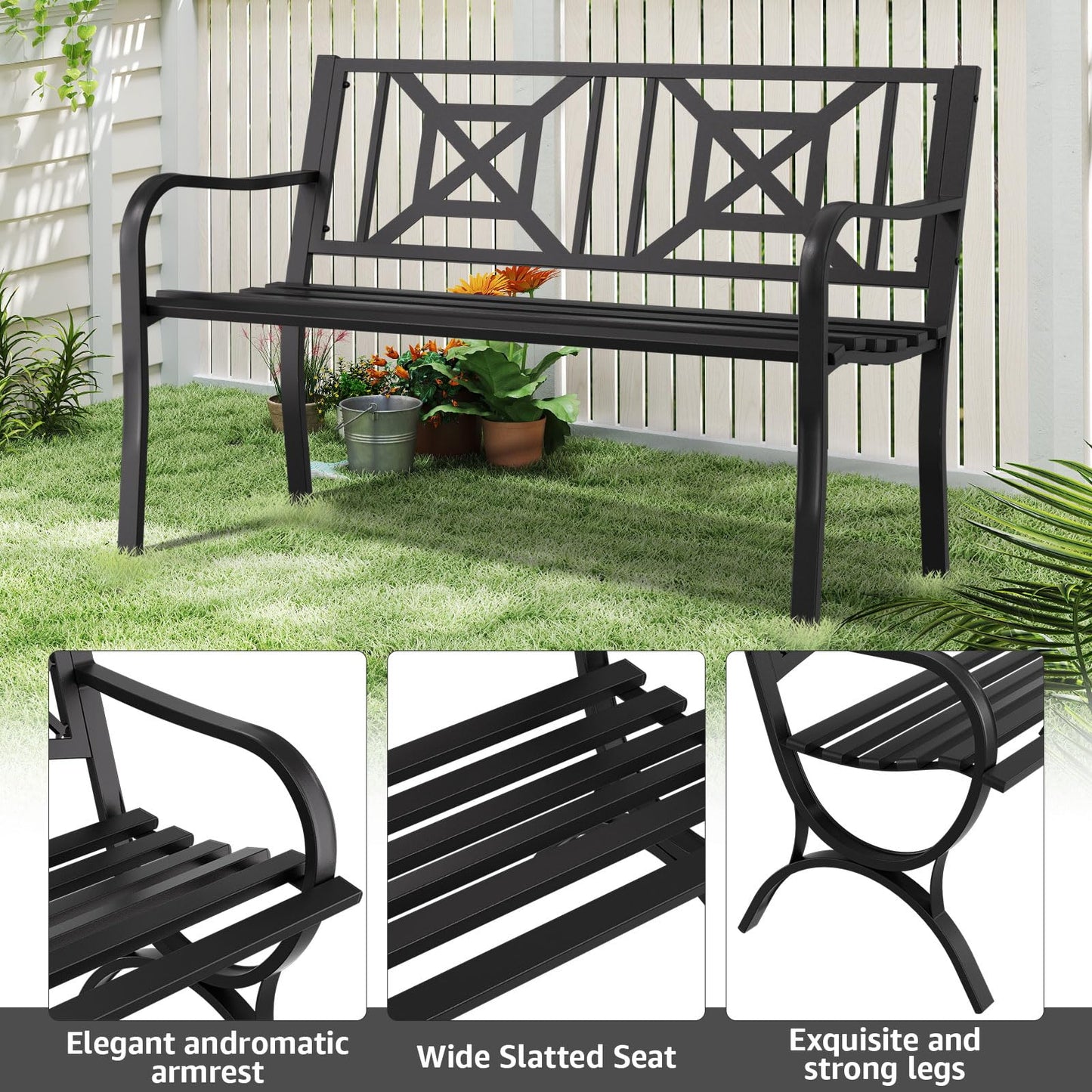 Gymplis Outdoor Bench Garden Bench Patio Bench,Weatherproof Anti-Rust Metal Powder Coated Frame Park Bench,Metal Bench for Yard & Porch & Park (Geometric)