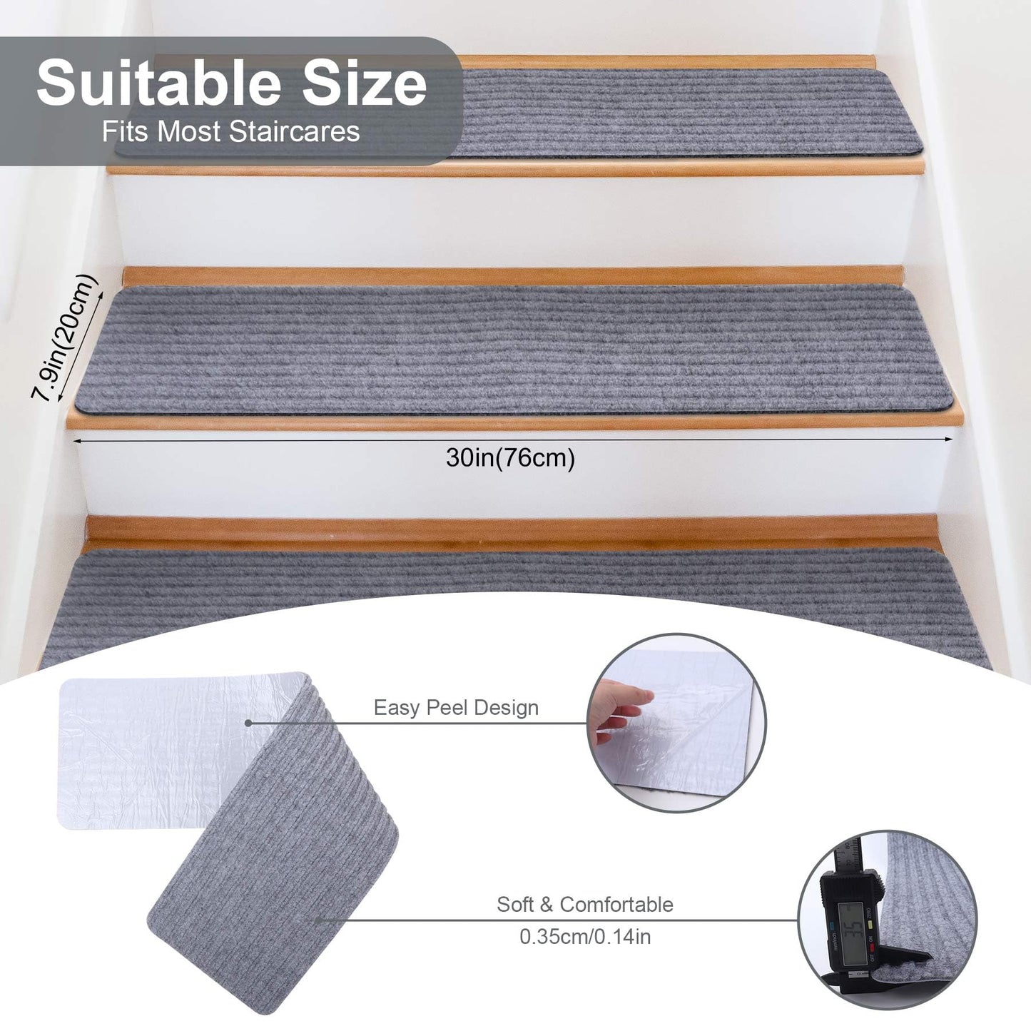 15 PCS Non Slip Stair Treads for Wooden Steps – 8"x30" Indoor Non Slip Stair Treads, Carpet Stair Mats with Self-Adhesive Backing, Removable & Machine Washable – Light Grey