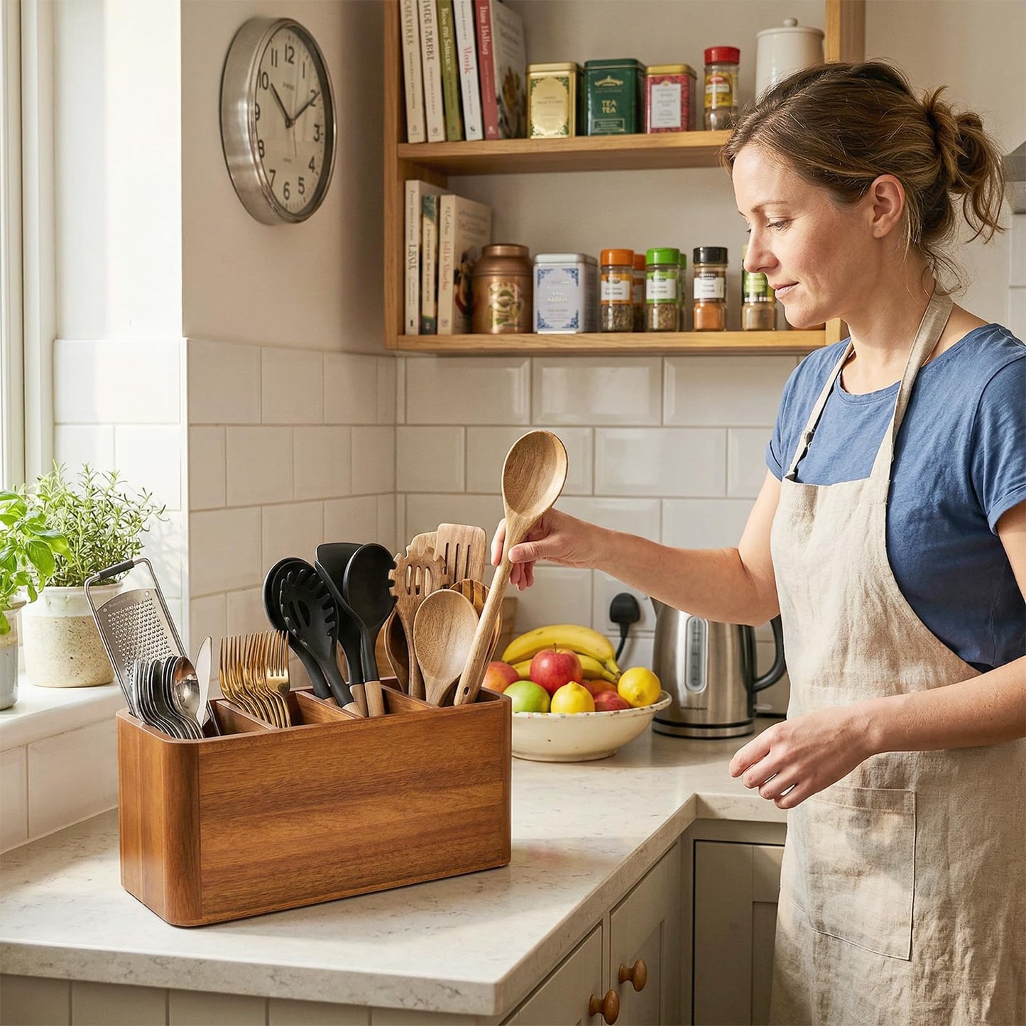 powerful xishan Kitchen Utensil Holder for Countertop, Extra Large Acacia Wood Utensil Organizer, 4-Compartment Storage for Cooking Utensils, Silverware and Cutlery