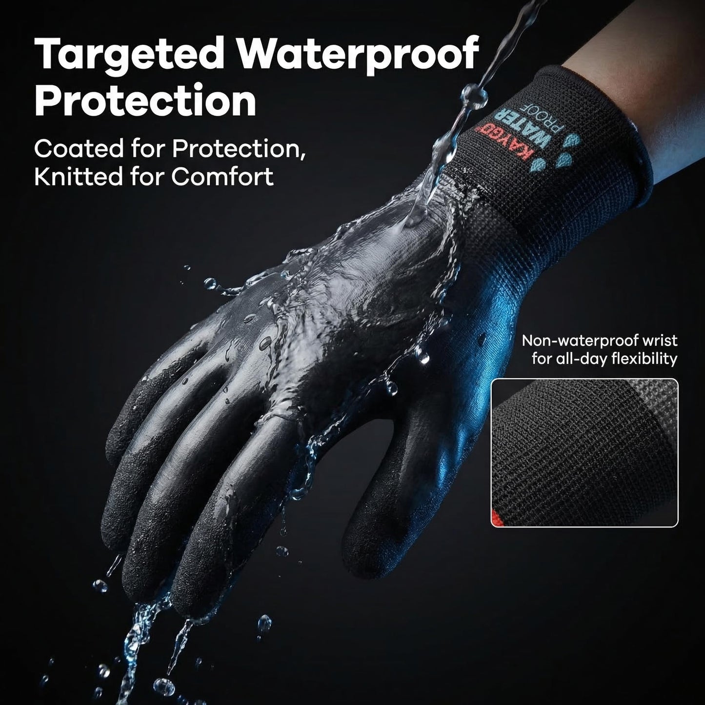 KAYGO Waterproof Work Gloves for Men and Women, Rubber Coated Non-slip Working Gloves for Garden, Outdoor Construction,KG150,Black,XL