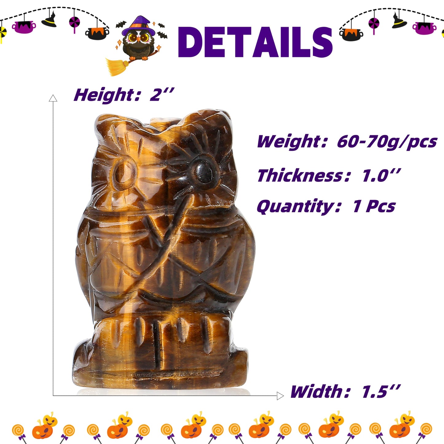 YATOJUZI 2” Owl Decors Natural Tiger's Eye Crystals Stones Cute Decor Polished Hand-Carved Sculpture Statue Figurines Gemstone Home Office Desk Decoration Reiki Energy Gifts