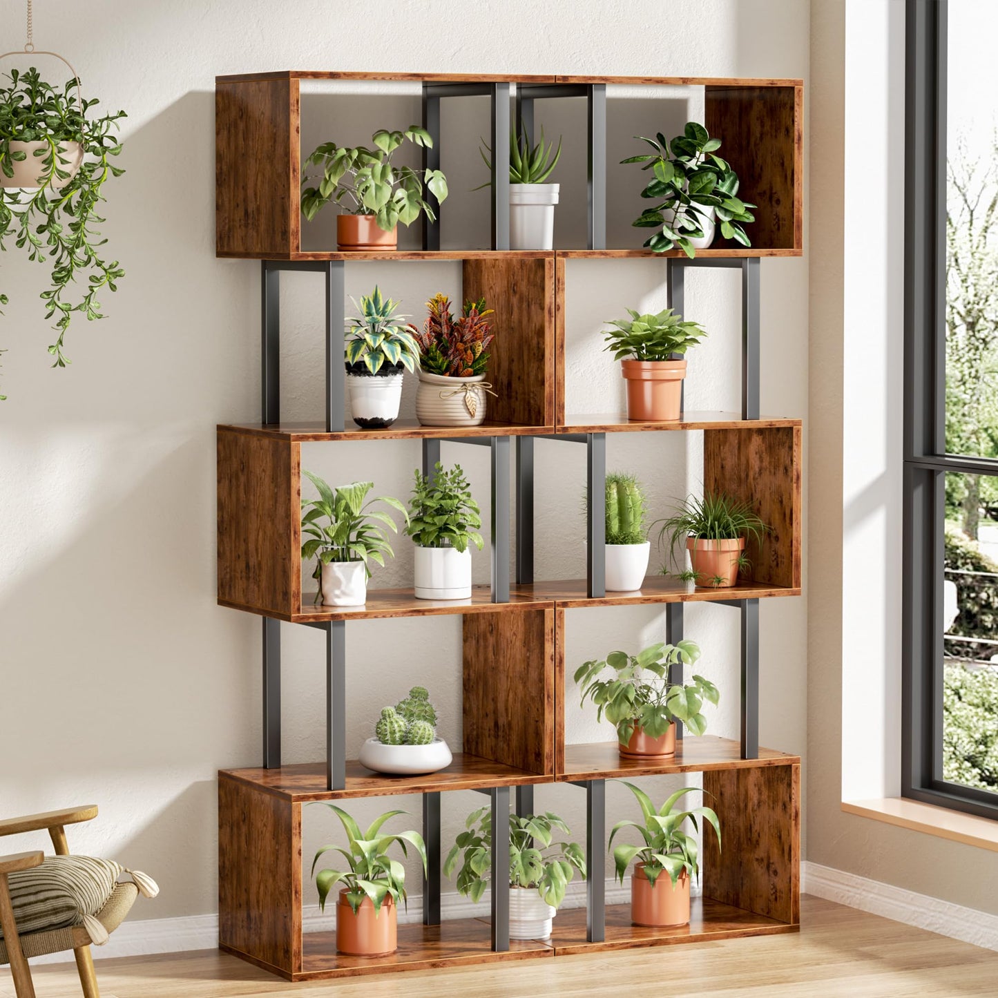 Furologee 6 Tier Bookshelf, Tall S Shaped Geometric Bookcase, Modern Display Shelf Standing Unit, Wood Metal Decorative Divider Rack for Living Room Bedroom Office, Rustic Brown