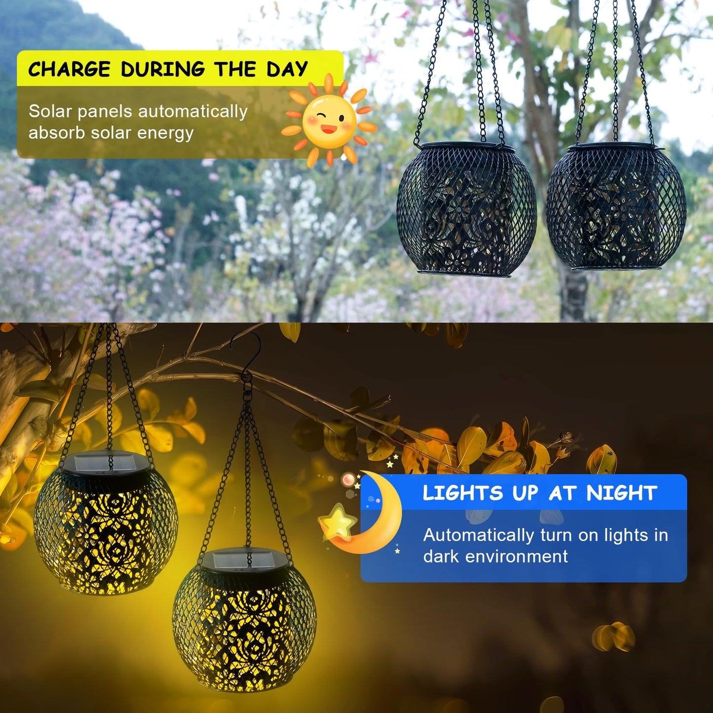 Solar Lanterns Outdoor Waterproof, 4 Pack Hanging Solar Lights Outside Garden Decor, Gifts for Women Mom Grandma Metal Decorative Lantern for Patio Yard Porch Balcony Backyard Lawn