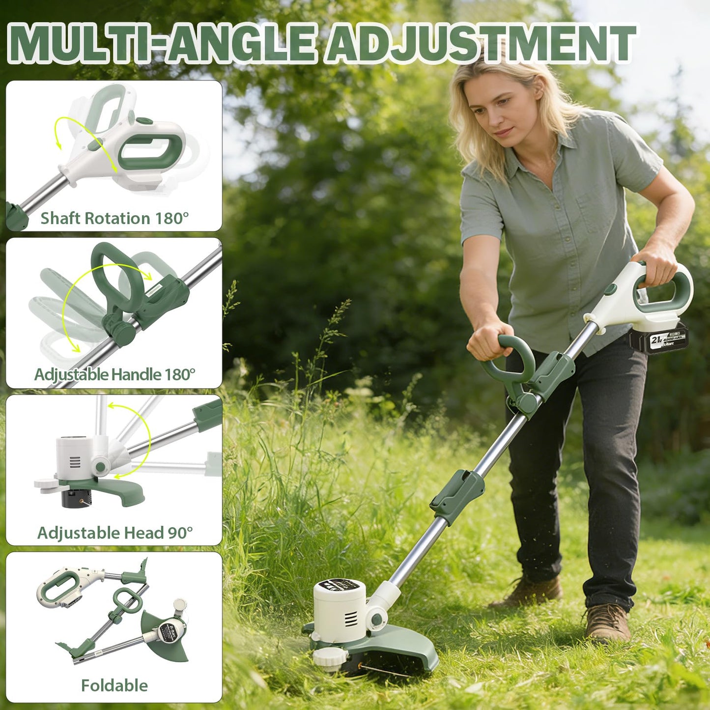 21V 3-in-1 Cordless Weed Eater-Weeding/Trimming/Lawn Mower, with 8 Replace Auto Line Feed, Electric Grass Trimmer for Garden, Lawn, 120 Mins of Non-Stop (2 * 4.0 mAh Battery & Charger Included)