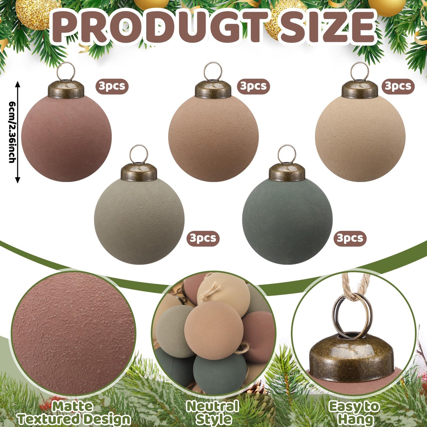 15 Pcs Neutral Matte Christmas Ball Ornaments 2.36'' Textured Rustic Boho Brown Taupe Pine Green Xmas Ball Ornaments Modern Christmas Decor Shatterproof Hanging Tree Decor for Home Indoor