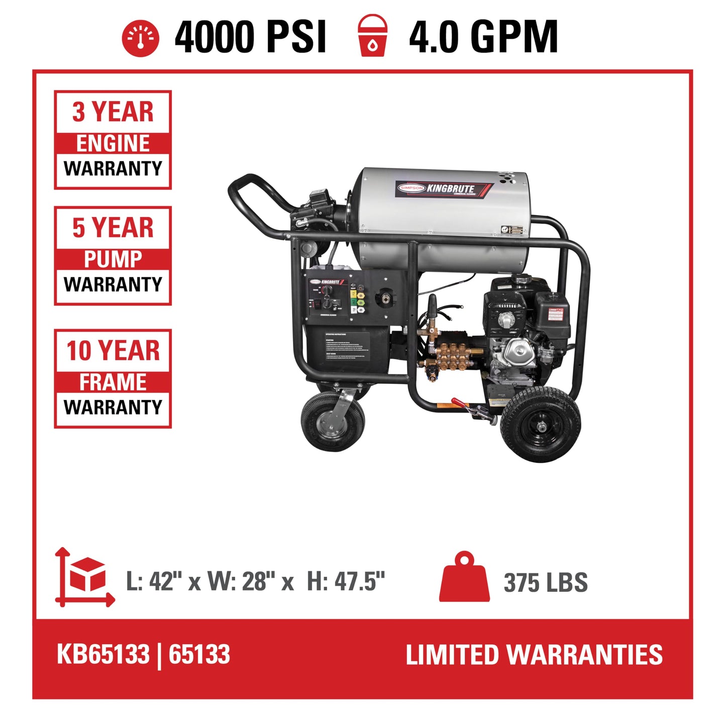 Simpson Cleaning 4000 PSI Gas Pressure Washer, 4.0 GPM Power Washer for Hot Water Use, Honda GX390 Engine, 50-Foot Steel-Braided Insulated Hose, King Brute, 49-State (KB65133)