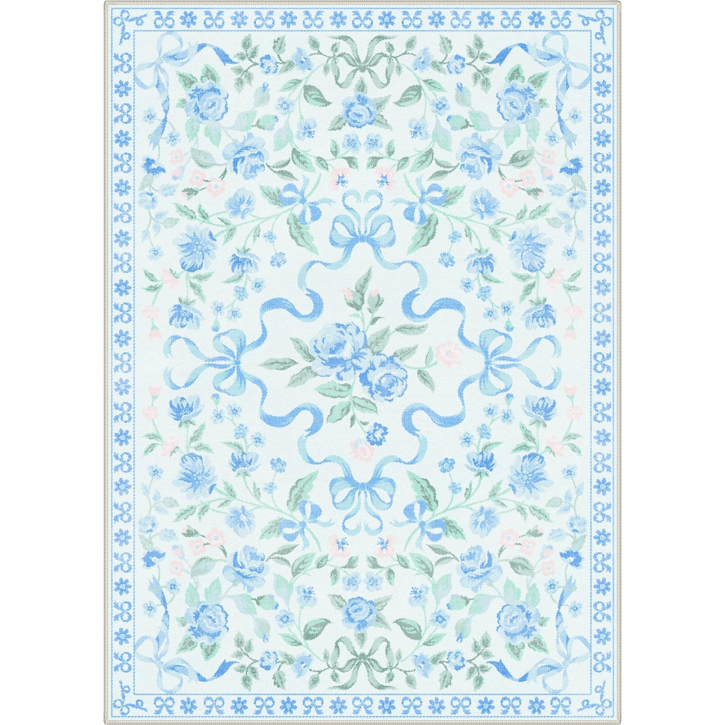 Bavni Area Rugs 5X7 for Living Room，Machine Washable Non Slip Low Pile Soft Rug，Cute Floral Carpet for Bedroom Dining Room Girls Room Nursery Room and Kids Room or Playroom, Pastel Blue