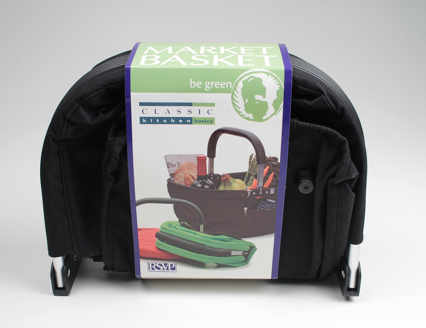 RSVP International Collapsible Market Basket Aluminum Frame, Large Zip Side Pocket, 17x11x18", Black