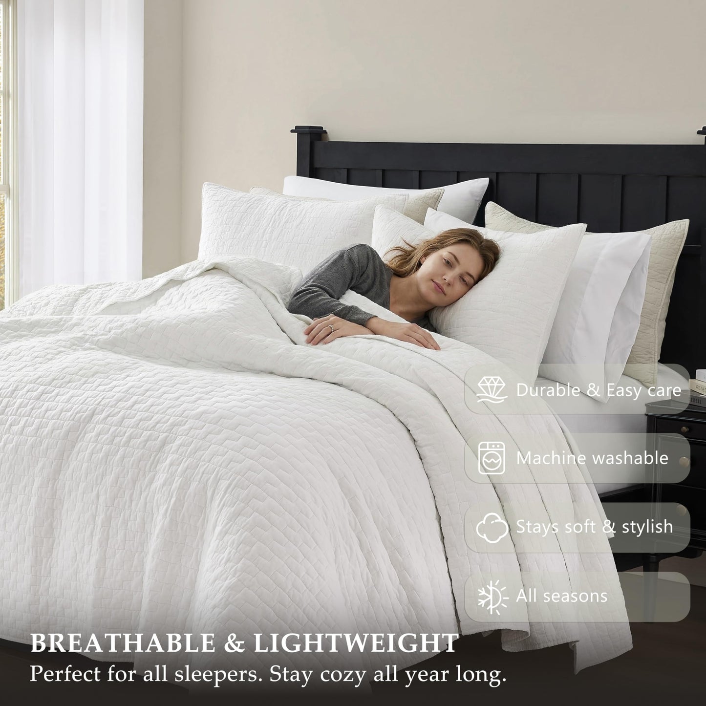 palassio White 100% Cotton Quilt Queen Size Bedding Sets with 2 Pillow Shams, Textured Lightweight Soft Bedspread Shabby Chic Coverlet, Quilted Comforter Bed Cover for All Season, 3 Pieces