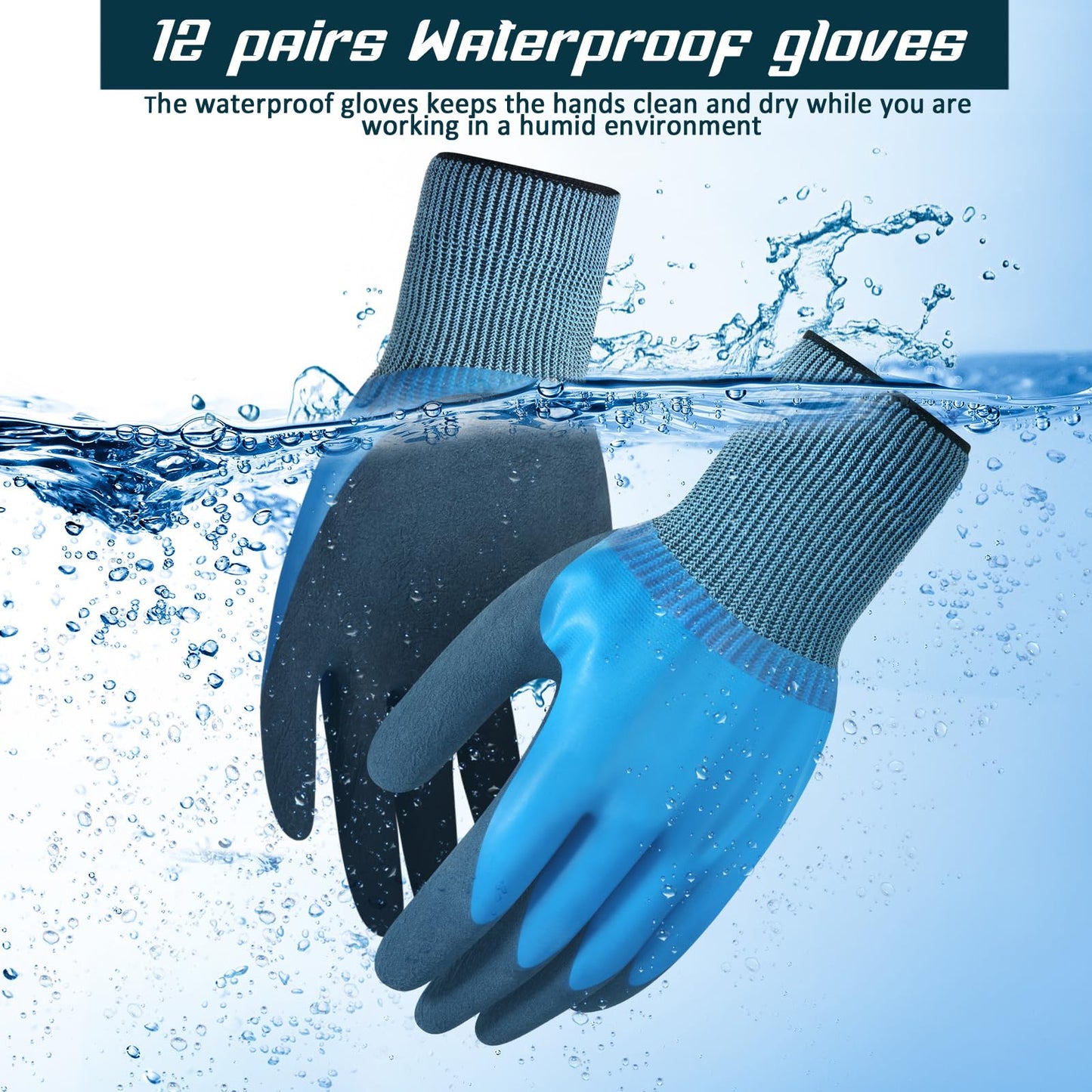Mimorou 12 Pairs Waterproof Work Gloves, Blue, XL Size, Unisex