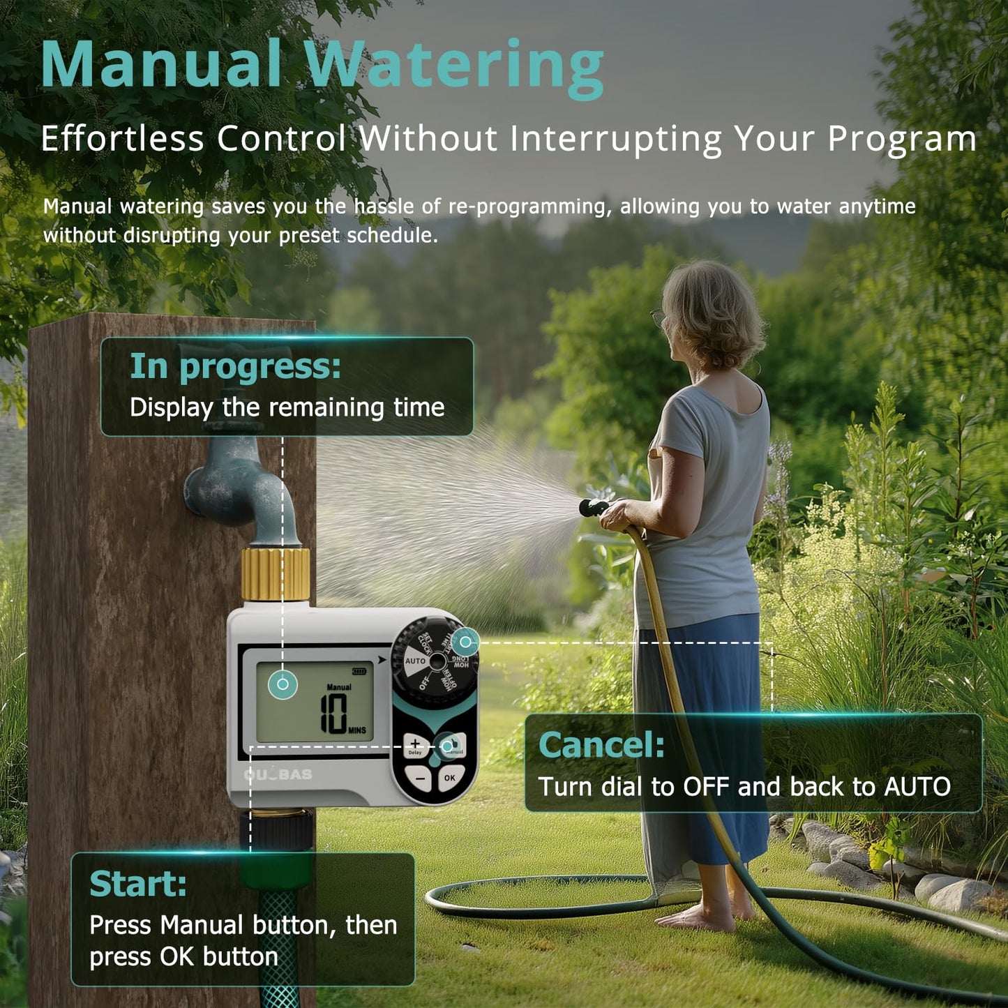 QUOBAS Zero Pressure Water Timer, Programmable Sprinkler Timer for Garden Hose Faucet with Brass Ports, Rain Delay/Manual/Automatic Irrigation System, Low Pressure Watering Compatible Rain Barrel