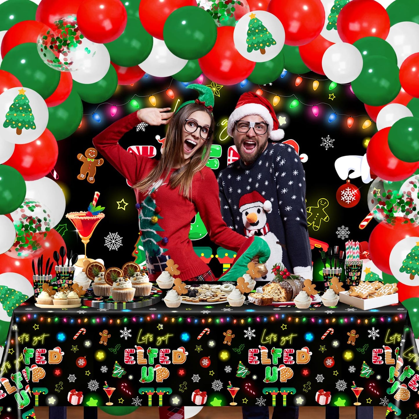 Lecheme Christmas Party Decorations 300 PCS Let's Get Elfed Up Backdrop Tableware Plates Napkins Serve 24 Friendsmas Balloon Arch Elf Christmas Party Supplies