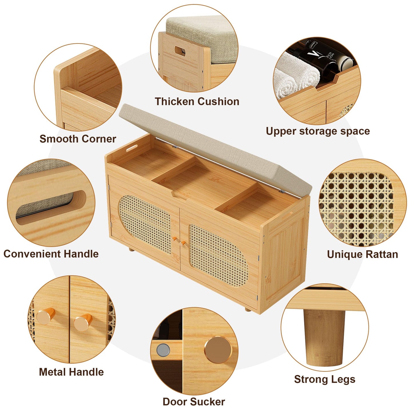PETKABOO Rattan Shoe Storage Bench, 35.4" Bamboo Entryway Bench, 2-Tier Shoe Rack with 2 Doors & Padded Seat Cushion for Entryway, Living Room, Bedroom