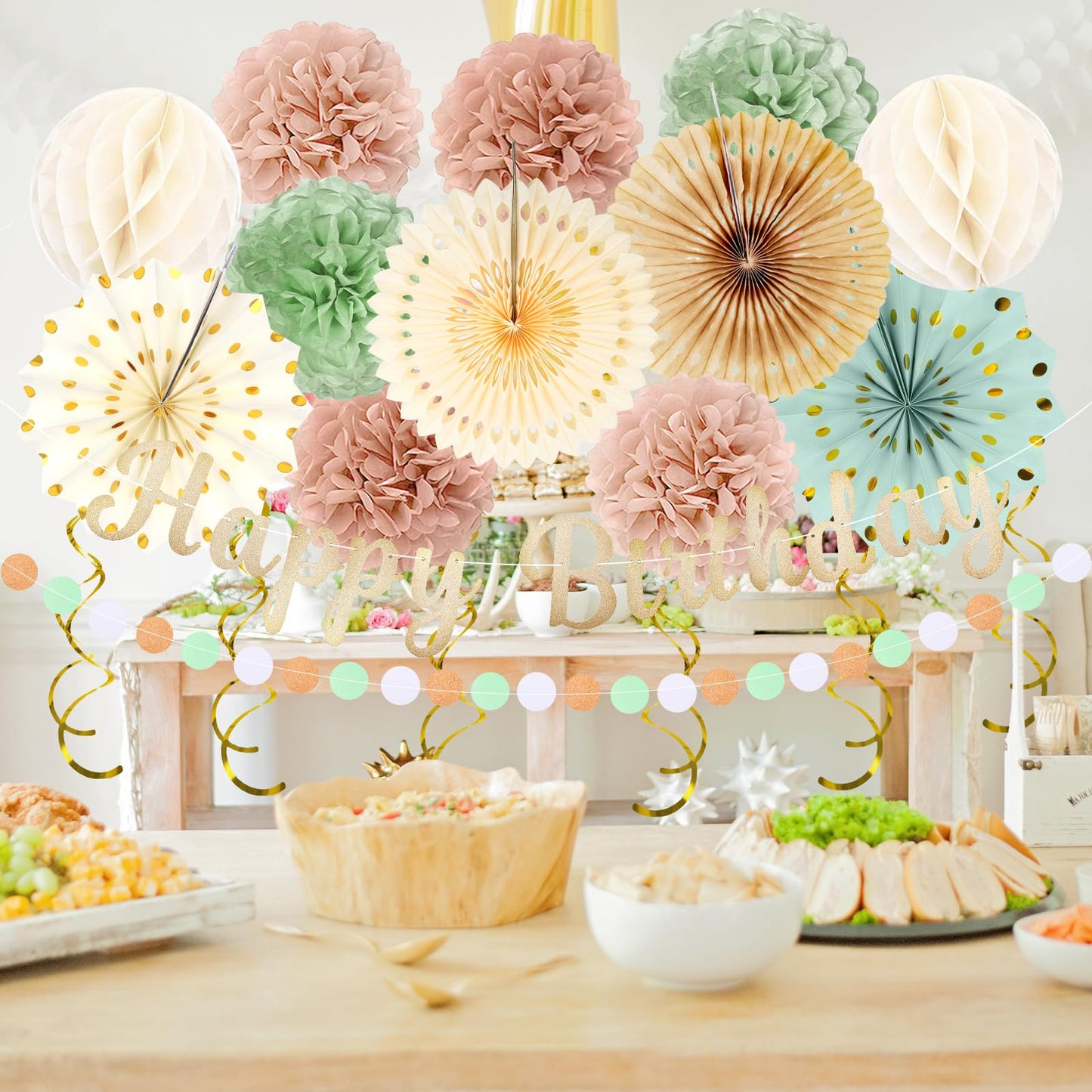 Birthday Decorations for Women, Sage Green Blush Pink Beige Party Decorations - 20pcs Cream Light Dusty Pink Paper Pompoms Fan,Streamers,Lanterns,Happy Birthday Banner,Rustic Backdrop Decor