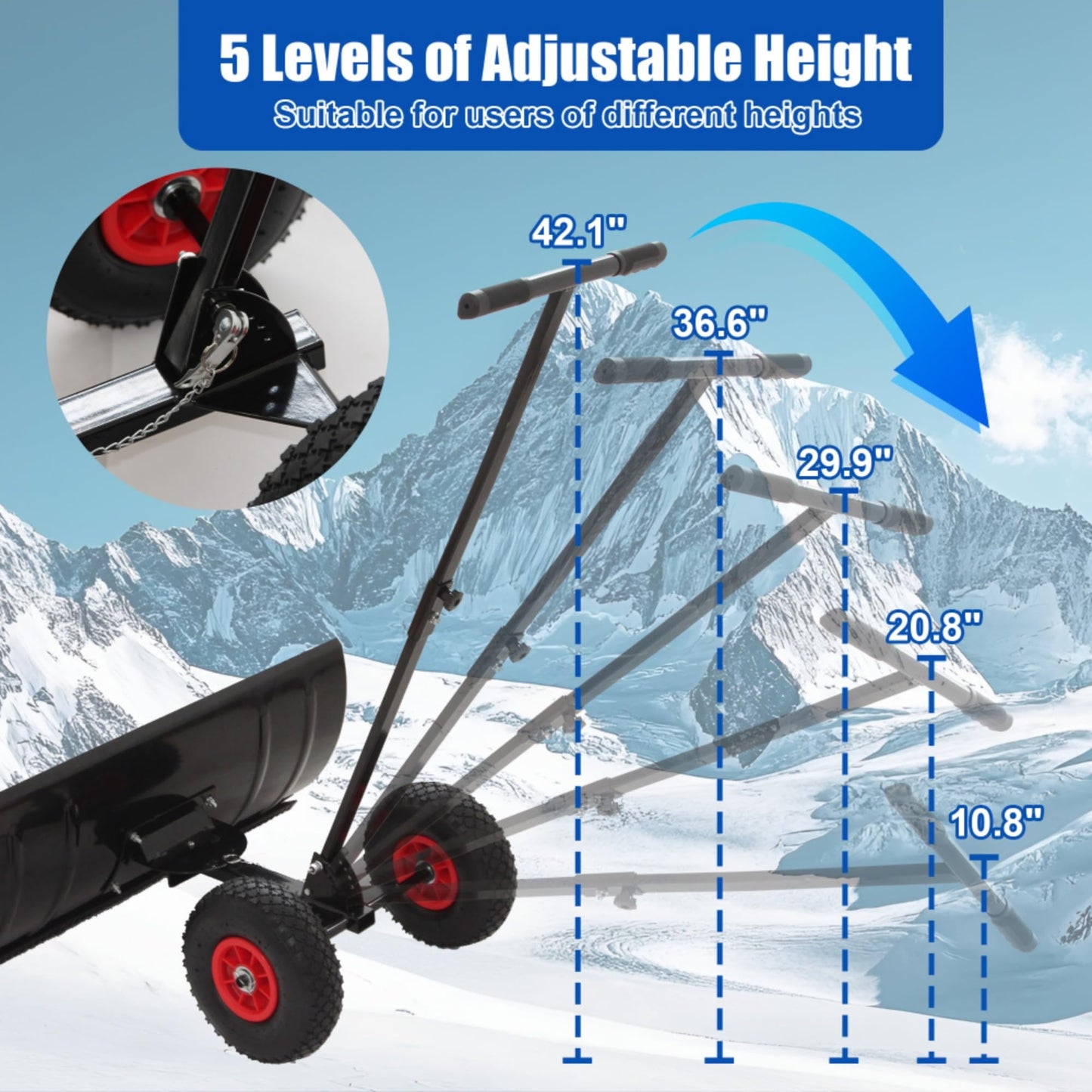 Snow Shovel with Wheels,29" Wide Metal Snow Pusher Shovel with 15" Height &10" Wheels,Adjustable Angle&Height Handle,Effortless Snow Removal,Ergonomic Design for Driveway&Sidewalk (Black Single Rod)