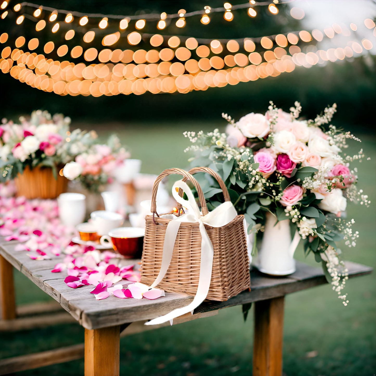 CARMELIT Flower Girl Basket Boho Style Rattan Baskets with White Ribbon for Weddings, Classic Wicker Handbag Basket Purse Baskets Bags Women Straw Tote with Handle
