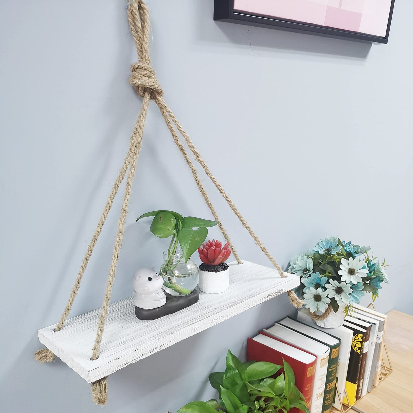 HoreZer 2-Piece Rustic White Wood Shelf Set, Hanging Floating Shelves with 4 Hooks and Ropes, Modern Style for Kitchen, Bathroom, Living Room