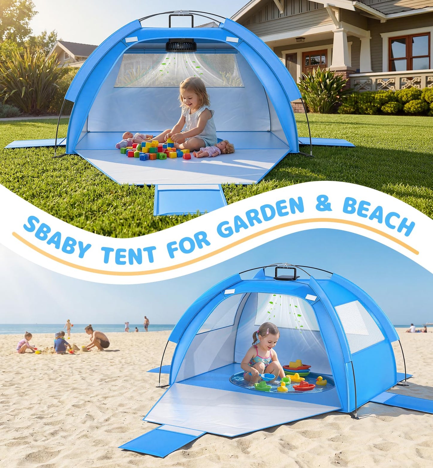 Dsquu Baby Beach Tent Solar Cooling Fan, Anti-UV Toddler Beach Tent Sun Shelter Portable Travel Fan Beach Shade Tent, Baby Play Tent Built-in Ceiling Fan Sun Shelters Toddler Beach Essentials