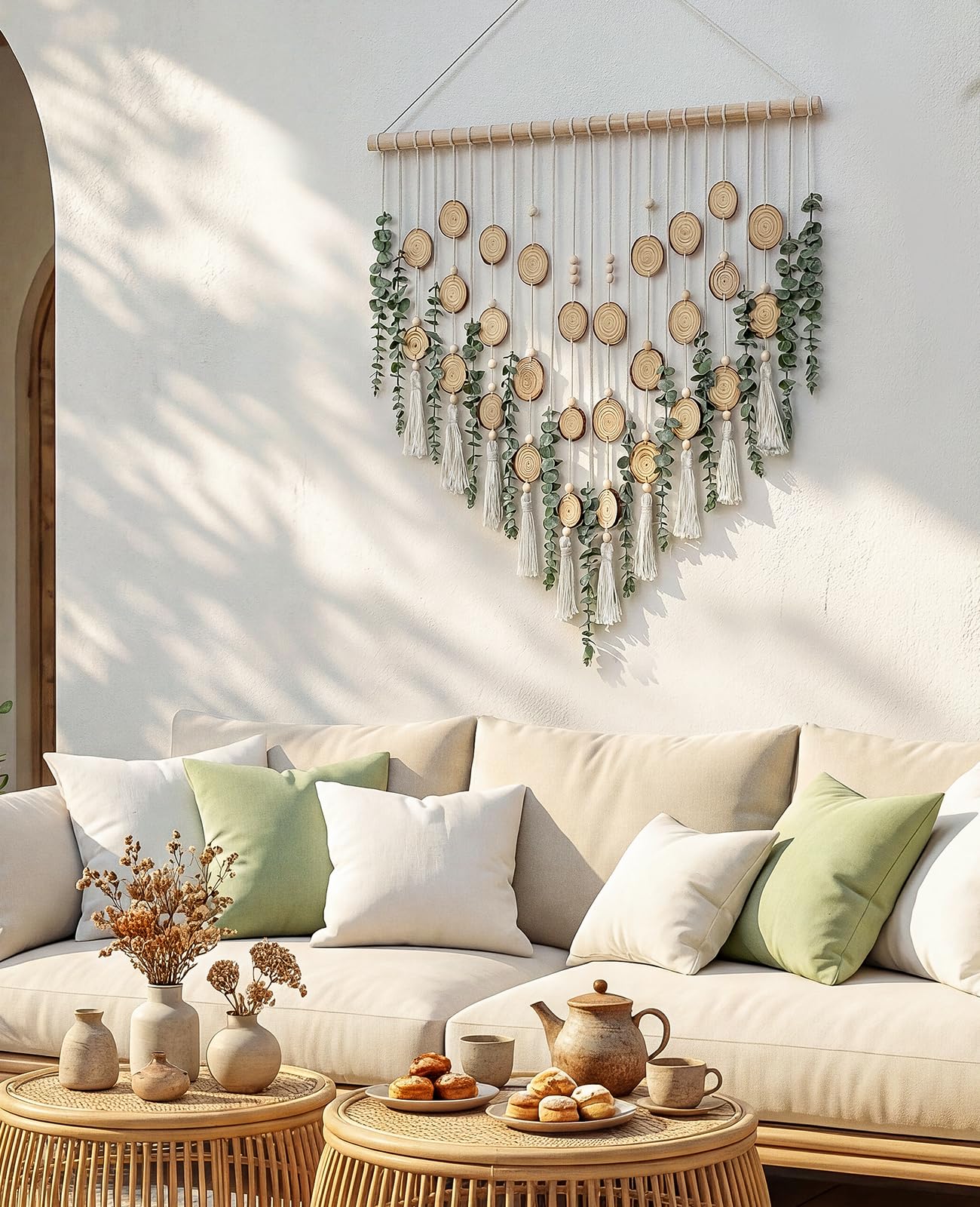 Tempospark Artificial Eucalyptus Wall Decor Hanging, Boho Bathroom Wall Decor, Fake Greenery Leaves Stems with Wood Slices Tassels on 33.1" Stick, for Living Room, Bedroom, Kitchen, Home Office