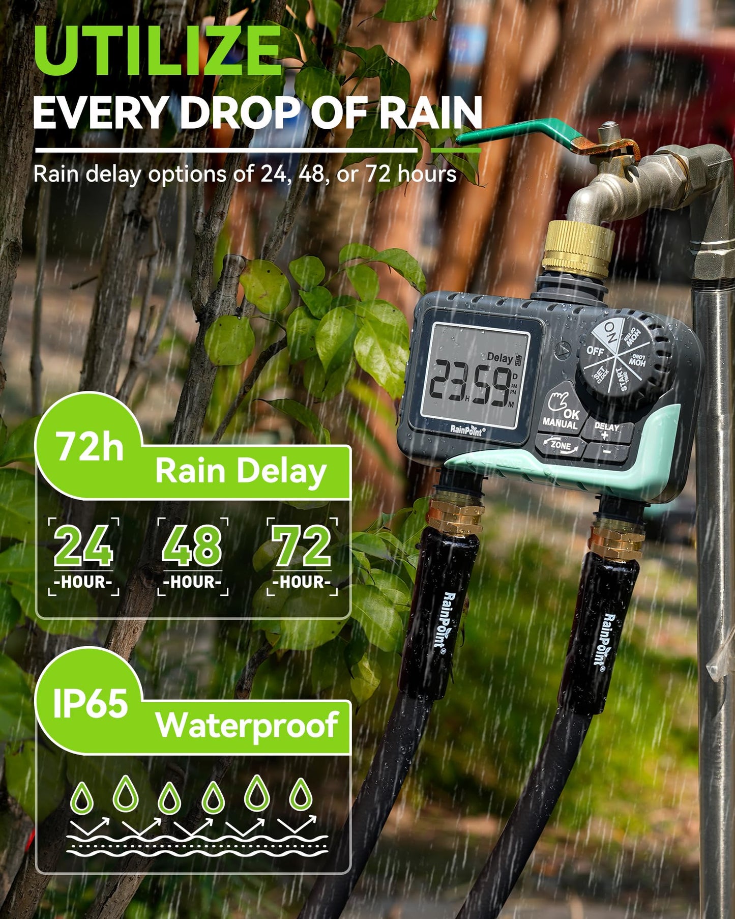 RAINPOINT 2 Zone Sprinkler Timer with Brass Inlet and Outlet - Water Timer for Garden Hose with Rain Delay/Manual Watering/Automatic Irrigation Controller System for Yard Lawn Garden(Blue)