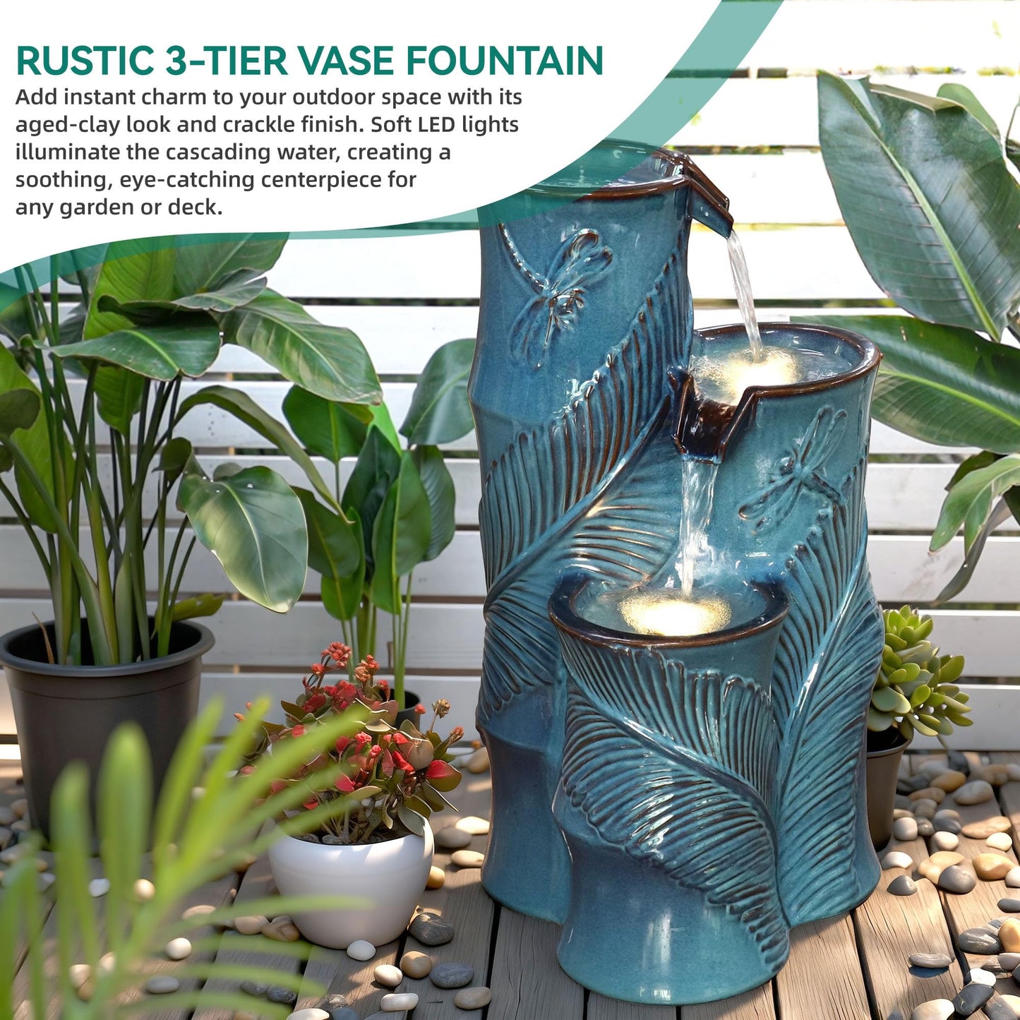 Autodaya Ceramic Outdoor Water Fountain with LED Lights, 25.5" H 3-Tier Bamboo-Style Water Feature with Tropical Leaf & Dragonfly Texture, Soothing Cascading Waterfall for Garden Patio Yard Oasis