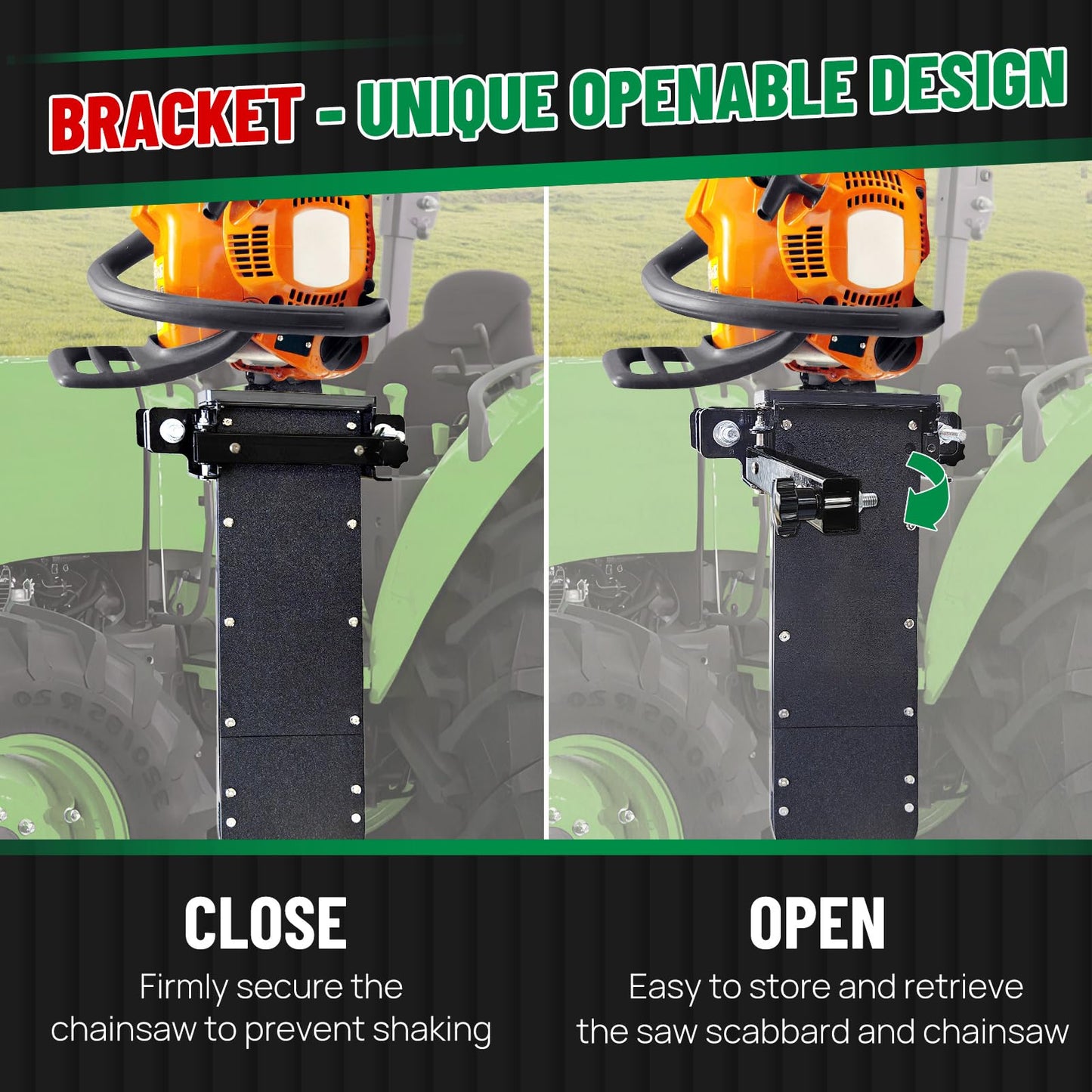 LookFox Heavy-duty Chainsaw Holder for Tractor, Fits All Chainsaw Sizes, 13lb-Side Open Door Bracket+Saw Scabbard, Portable&Sturdy&Anti-shake, Universal Chainsaw Mount Carrier Kit for ATVs/UTVs/Trucks