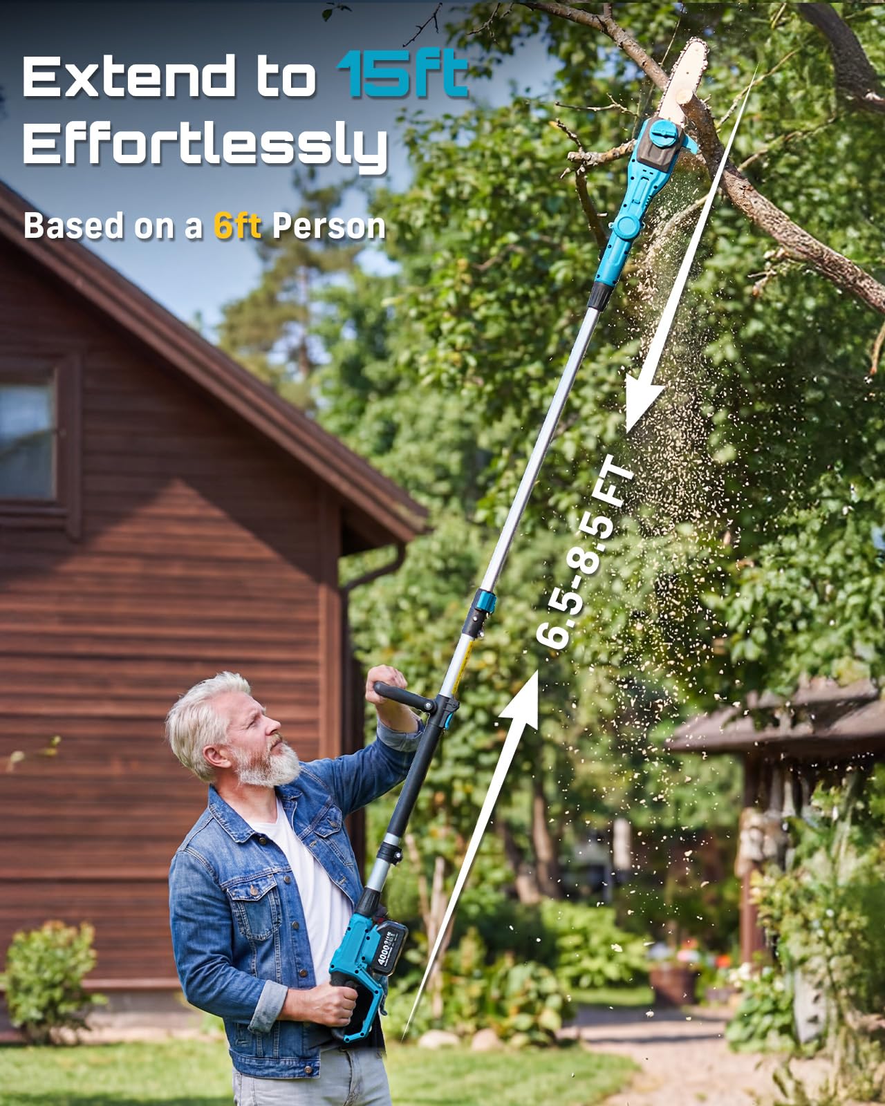 SEESII 2-in-1 Cordless Pole Saw & Hedge Trimmer Combo, 8" Electric Pole Chainsaw with 2×4.0 Ah Batteries, 16-Inch Extension Pole Hedge Trimmer, Bush Tree Pruner Limb Branch Cutter, 15ft Long Reach