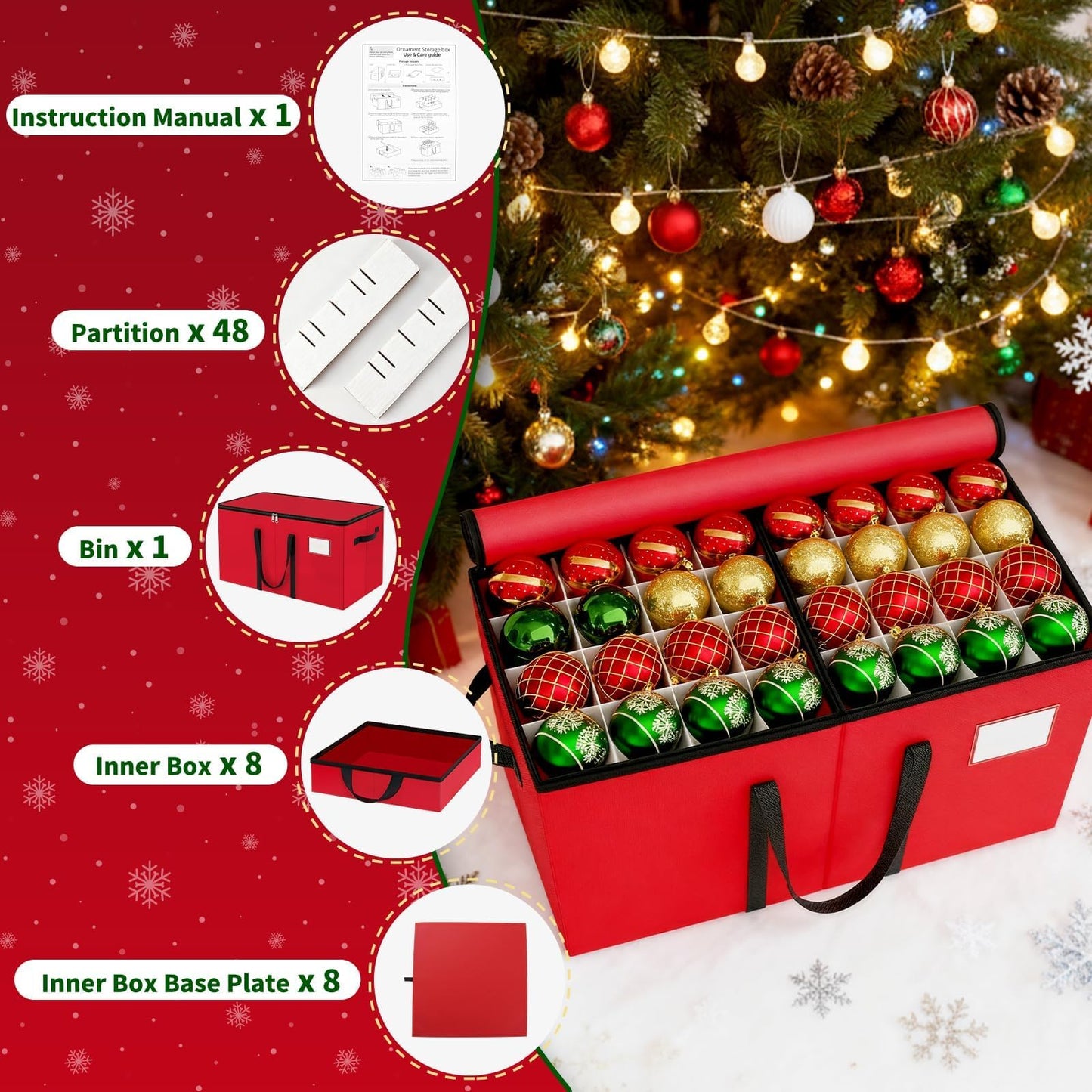 EverMerry Christmas Ornament Storage Box - Large & Sturdy Christmas Storage Container with Adjustable Dividers, 8 Individual Trays and Handles, Holds up to 128 Holiday Decorations (Red)