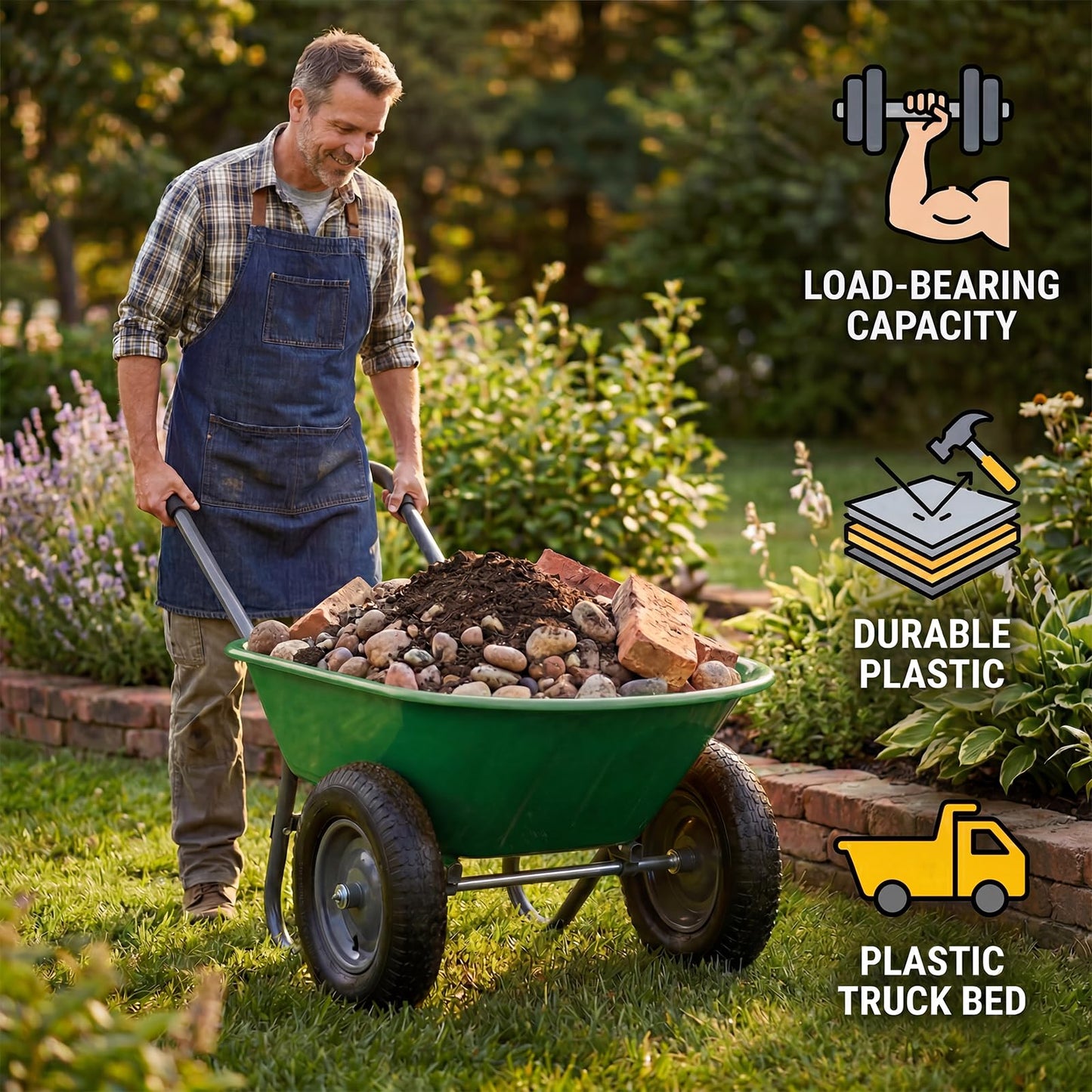 Garden Wheelbarrow Cart, Heavy Duty Utility Cart with Dual Wheels and Built-in Stand, Iron and Plastic Yard Cart for Home, Lawn and Garden