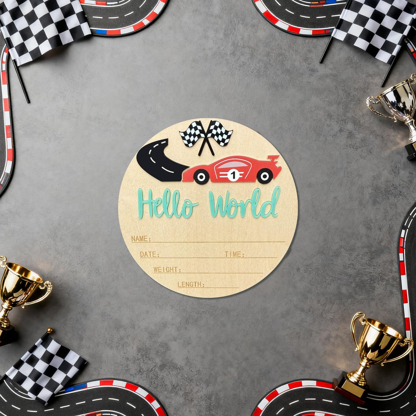 Baby Announcement Sign, 5.9 Inch Wooden Hello World Newborn Sign,Welcome Baby Signs,Birth Announcement Signs,Newborn Name Personalized for Photo Prop race car Design Hospital Nursery (Green,Red car)