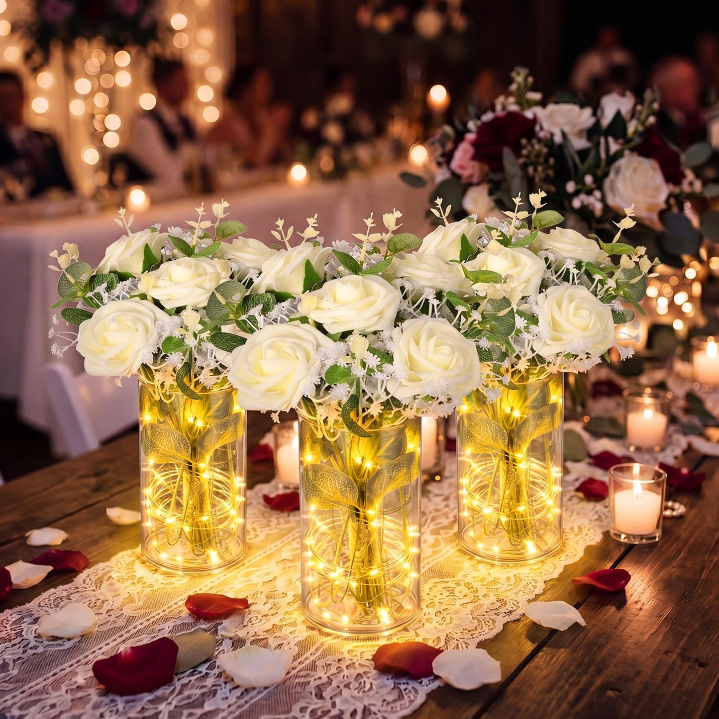Domensi 6 Sets Wedding Table Centerpieces, LED-Enhanced Floral Arrangements with Faux Roses, Eucalyptus, Baby's Breath, and Acrylic Vase for Bridal Showers, Home Dining, and Parties (White)