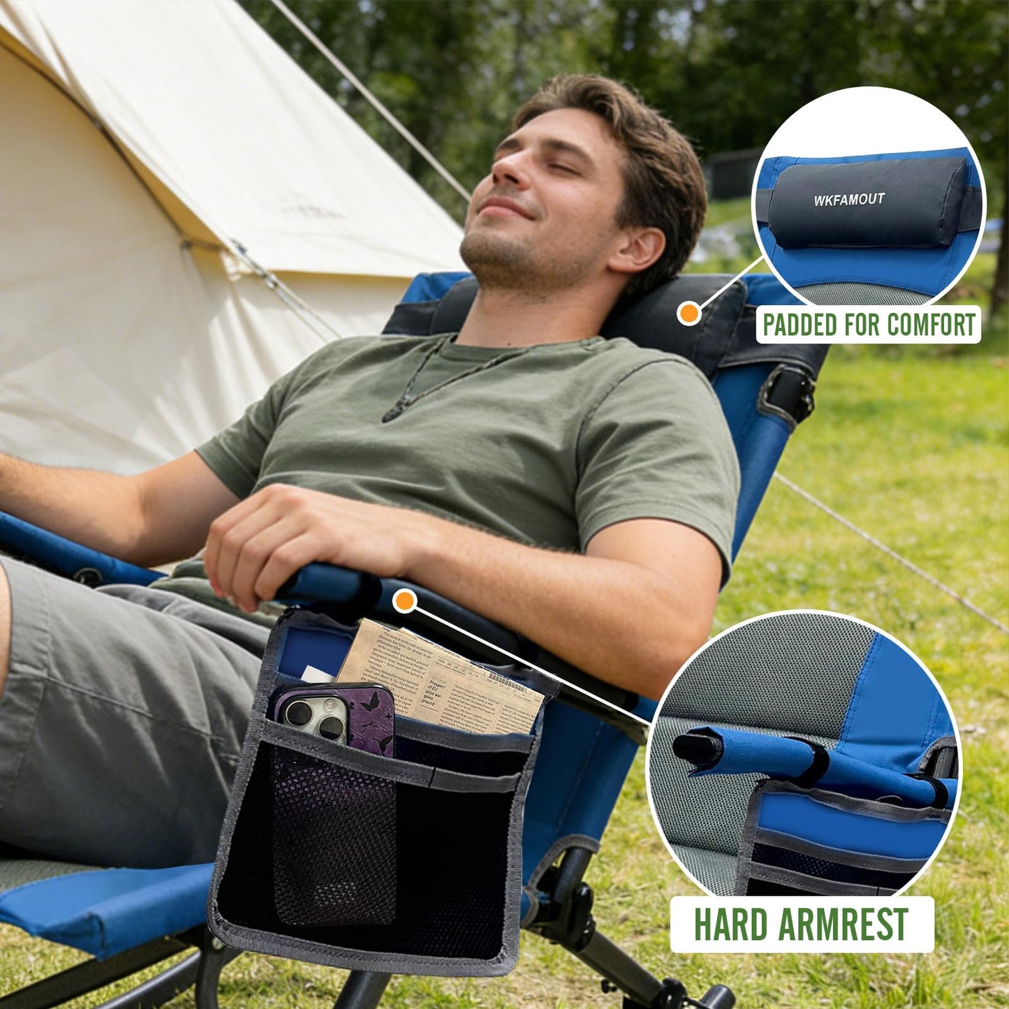 WKFAMOUT 13.8" High Seat Rocking Camping Chair Outdoor with Foot Rest & Headrest, Oversized Folding Rocker Chair with Carry Bag for Lawn Patio Supports 300 lbs