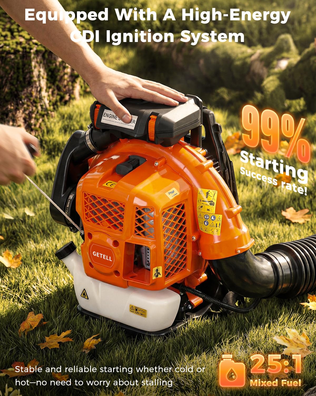 Getell 80cc Gas Backpack Leaf Blower, 900CFM 206MPH 2-Stroke Engine, Heavy-Duty Leaf & Snow Blower for Lawn, Garden & Commercial Use (Orange)
