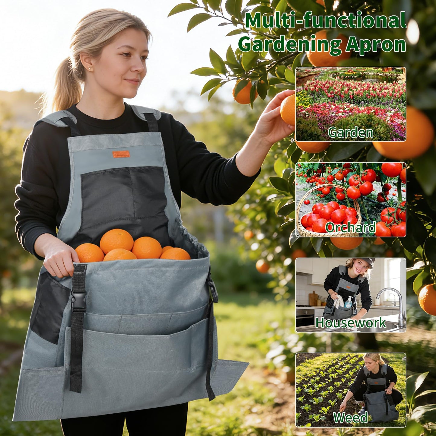 Garden Harvest Apron, Patioland Gray Adjustable Fruit Picking Apron w/Bottom Release Pocket,Gardening Apron with Gloves for Women & Men, Fruit Picking and Foraging Apron for Gardeners, Gardening Gifts
