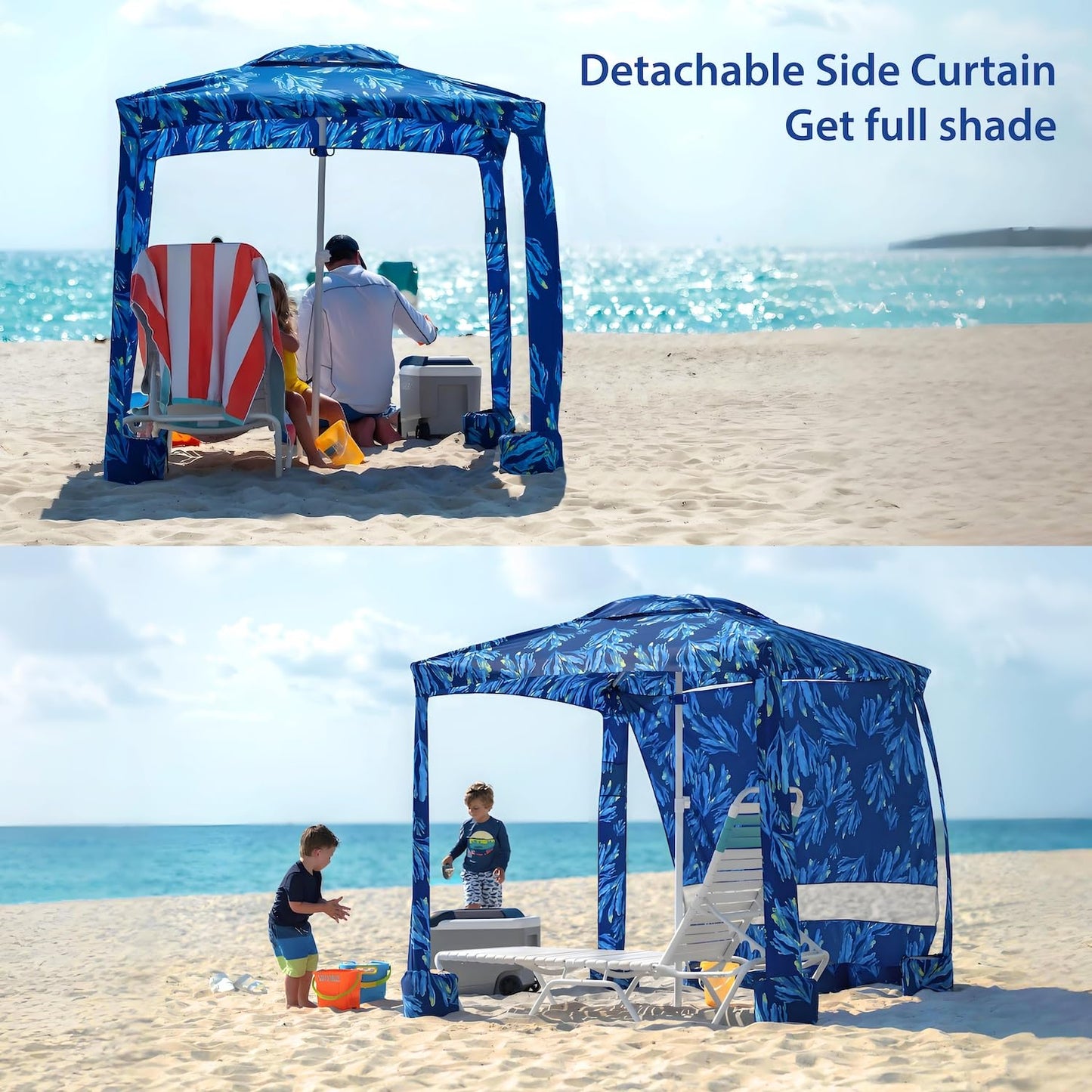 AMMSUN Beach Cabana, 6.5'×6.5' Beach Canopy, Easy Set up and Take Down, Cabana Tent with Sand Pockets, Instant Sun Shade with Side Wall, Coral Tropical