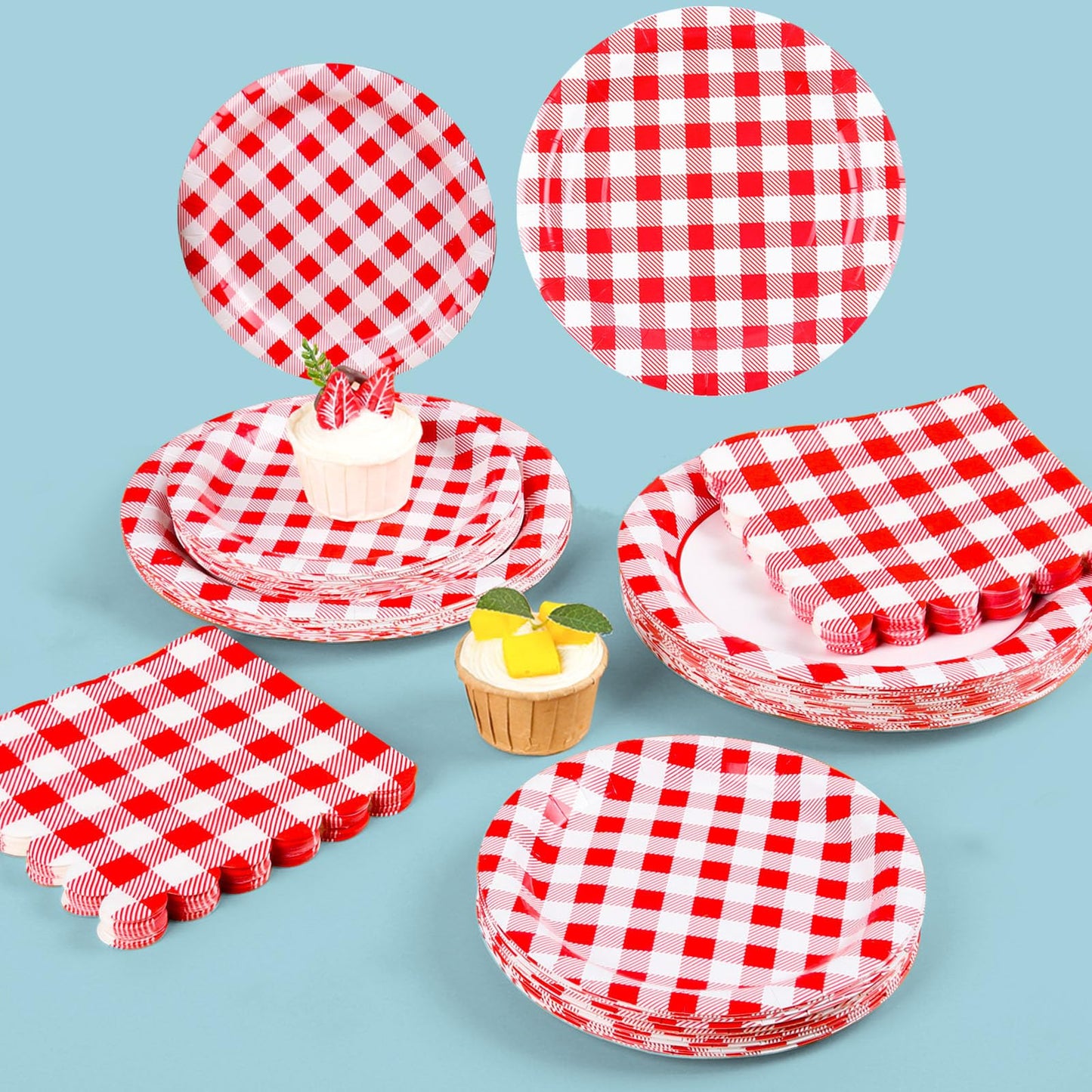 200Pcs Christmas Red Gingham Party Supplies Red Gingham Paper Plates and Napkins Cups Plaid Party Plates Disposable Reds and White Checkered Plates for Christmas Birthday Family Picnic，Serves 50