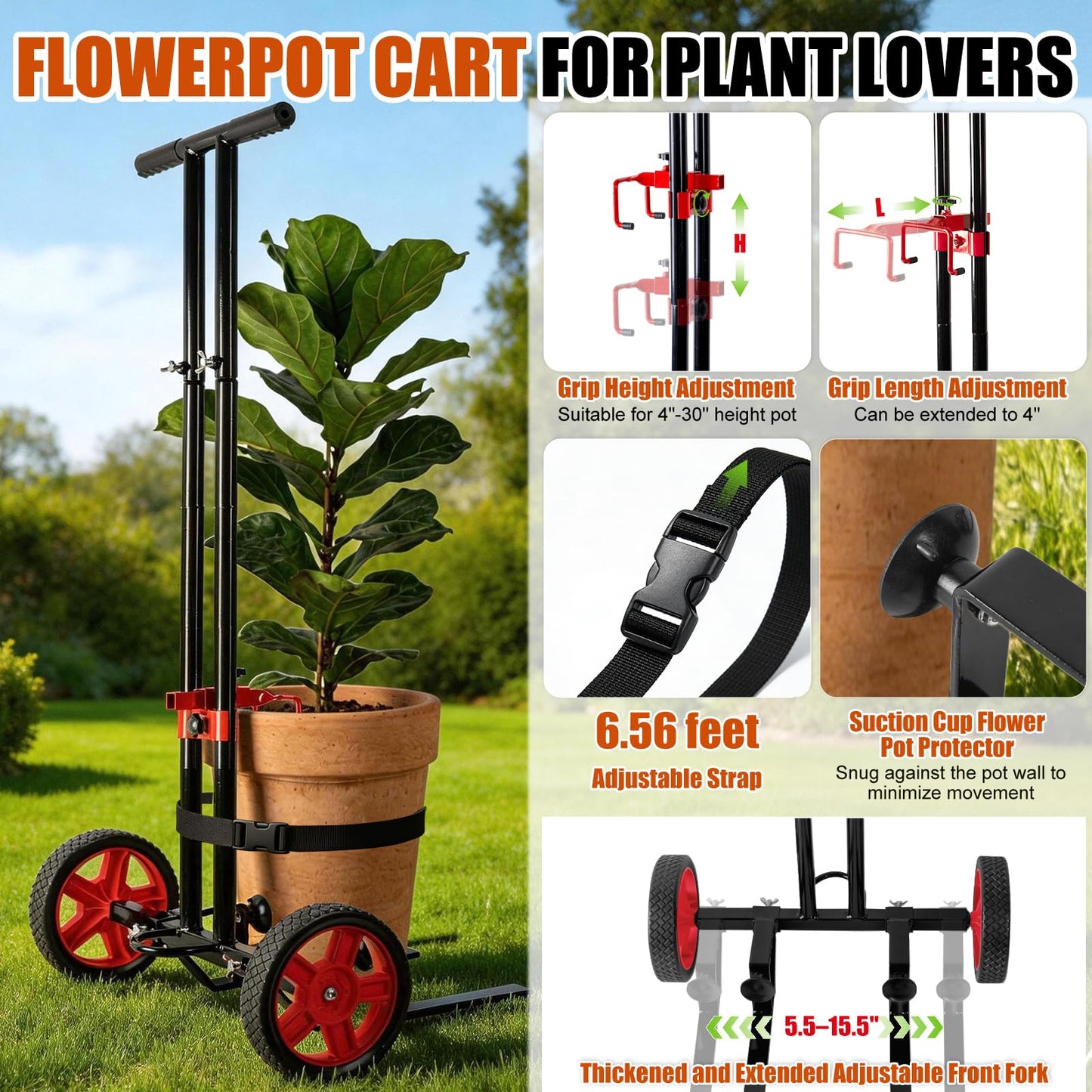 Garden Plant Dolly Cart with Wheels, Heavy Duty Plant Caddy with Adjustable Grabbing Arm, Potted Plant Mover with Suction Cups & Secure Strap, Indoor and Outdoor Gardening Cart Plant Pot Lifter