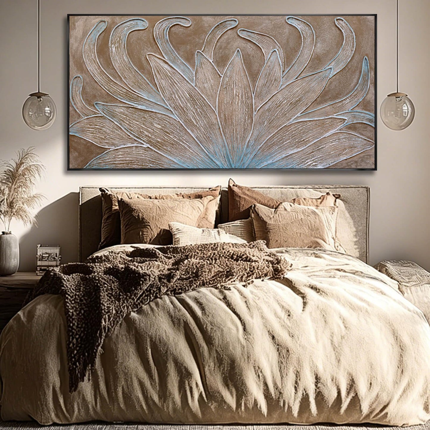 Brown Oil Painting Wall Art Botanical Neutral Floral Flowers Framed Wall Decor Abstract Canvas Pictures Large Artwork for Bedroom Office 29x58 In