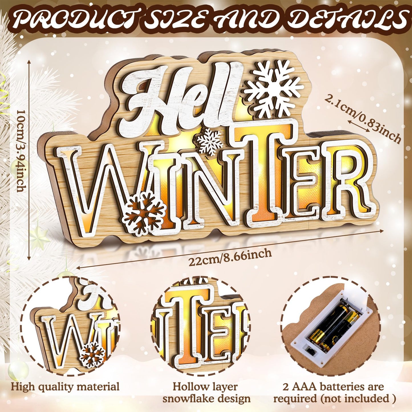 Glooglitter Hello Winter Snowflake Wooden Tabletop Decoration Winter Sign LED Snowflake Centerpiece Wood Plaque Freestanding Wood Sign for Xmas Table Party 13.8 x 3.5 Inch