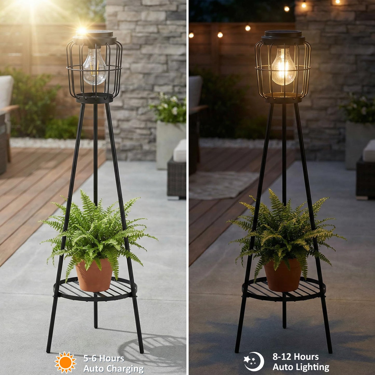VISFLAIR Solar Lights with Plant Stand, Outdoor Floor Lamp, Waterproof Solar LED Edison Bulb Light Flower Shelf for Patio Porch Deck Yard Garden Decor-1 Pack