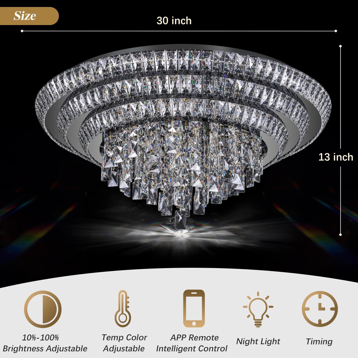 30 inch Crystal Flush Mount Black Chandelier, Modern Raindrop LED Ceiling Light, 3CCT Dimmable & Brightness Adjustable,Remote/APP ,Elegant Chandeliers for Bedroom Hallway Dinning Room Living Room