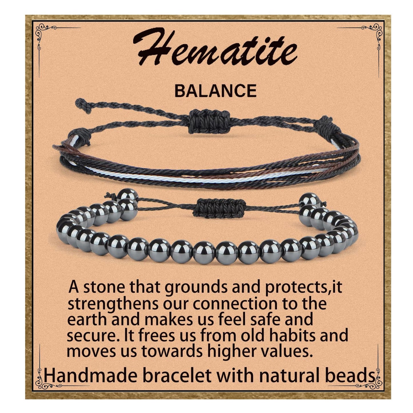 LPBeads 6mm Hematite Bracelet with Handmade Rope Bracelet Size Adjustable Natural Stone Crystal Healing Bracelets Gifts for Unisex Adults