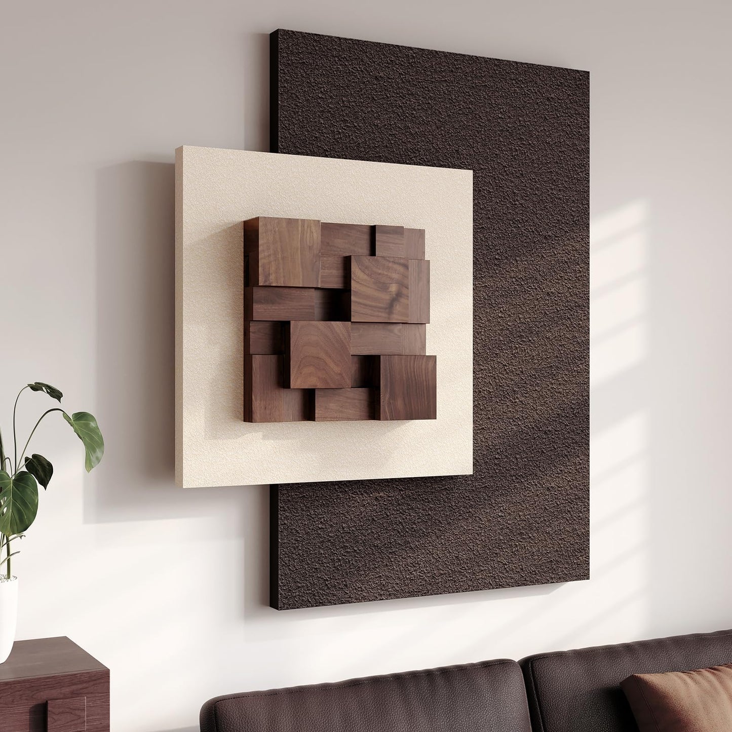 3D Wood Textured Large Neutral Abstract Wall Art, Modern Beige Brown Geometric Paintings Artwork for Walls-Minimalist Wooden Wall Art Decor for Living Room Hallway Dining Room Bedroom Office Aesthetic