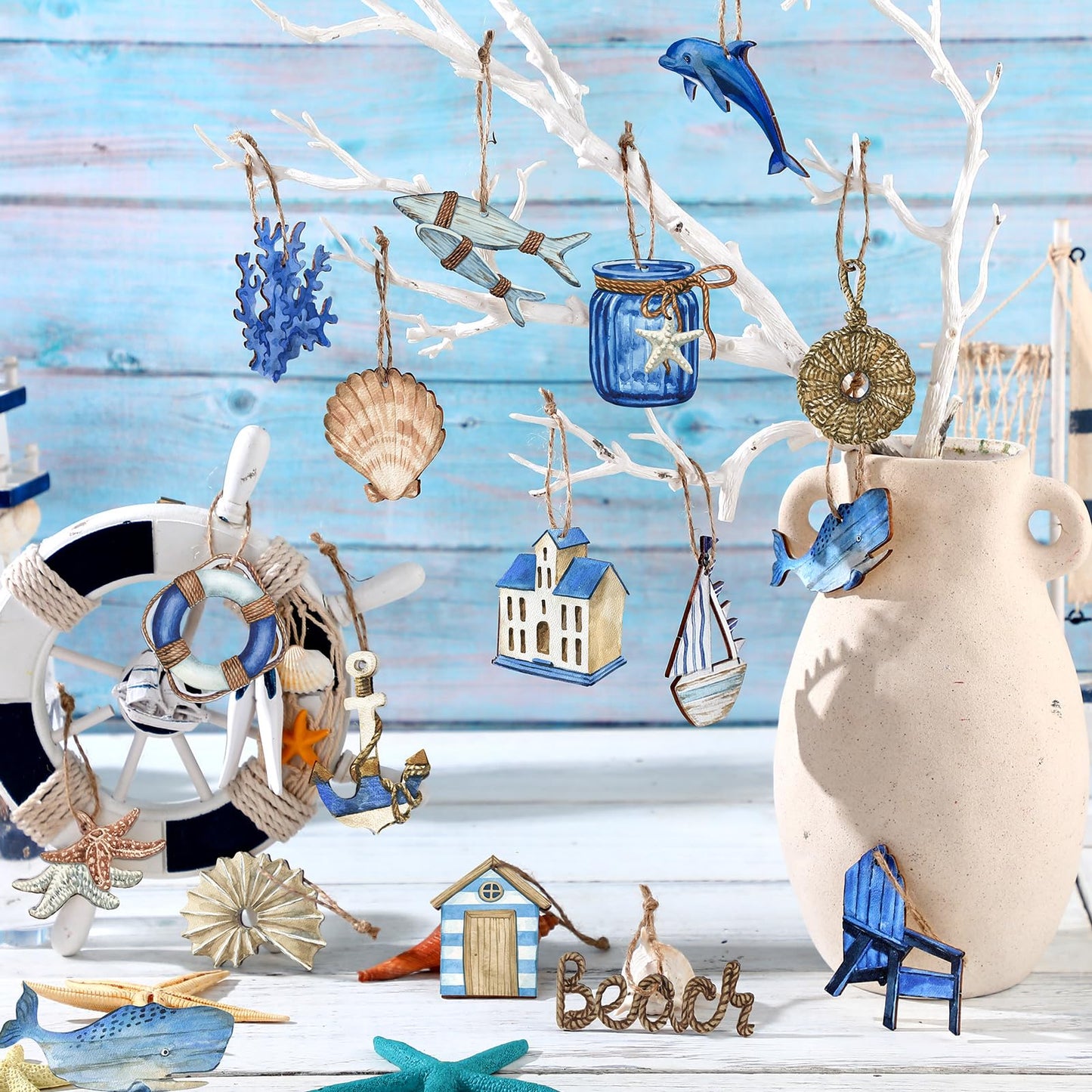 Maitys 36 Pcs Beach Wooden Ornaments Ocean Summer Tree Decorations Coastal Nautical Seaside Wood Cutouts Navigation Hanging Ornaments Xmas Decorations for Home Tree Wall Wreath Crafts(Ocean)
