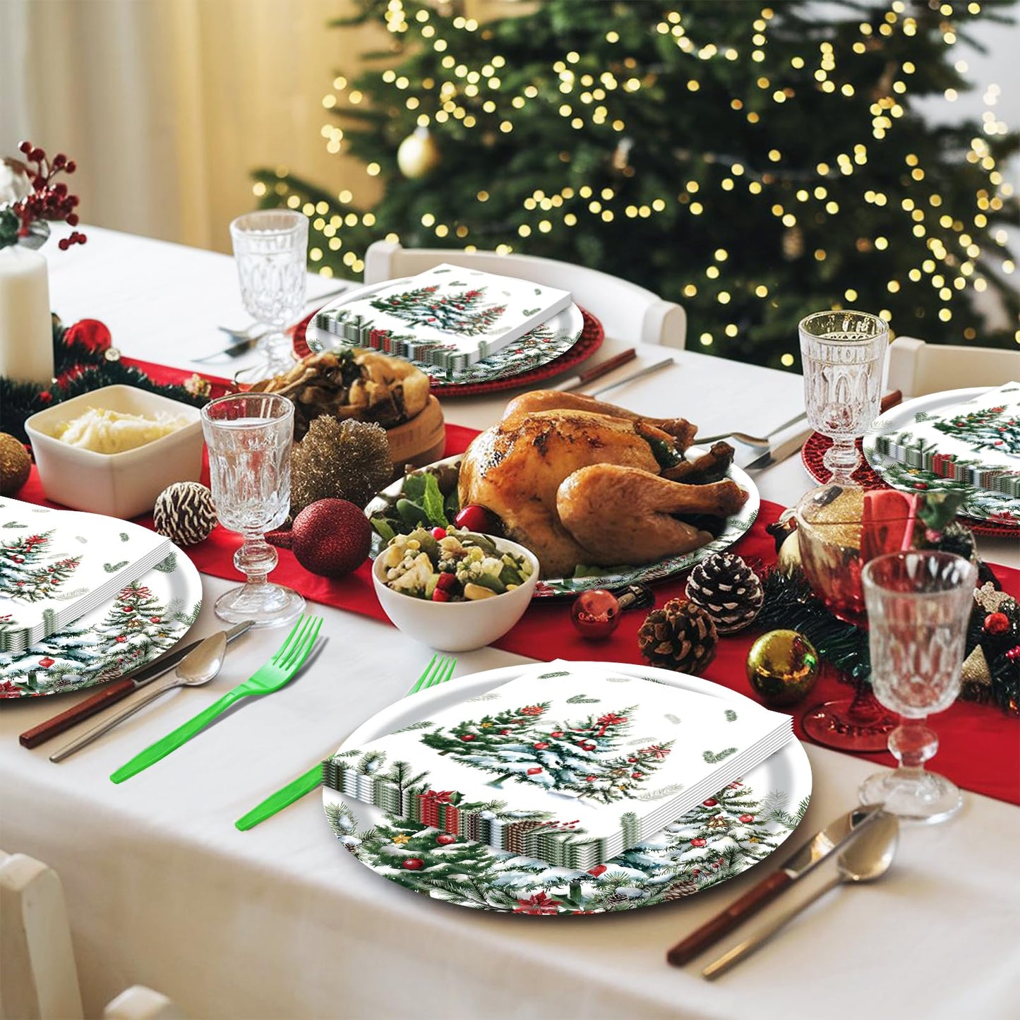 96 Pieces Christmas Tree Party Tableware Set – Holiday-Themed Disposable Plates, Napkins, and Green Forks for Christmas Dinners, Winter Parties, and Seasonal Celebrations – Serves 24 Guests