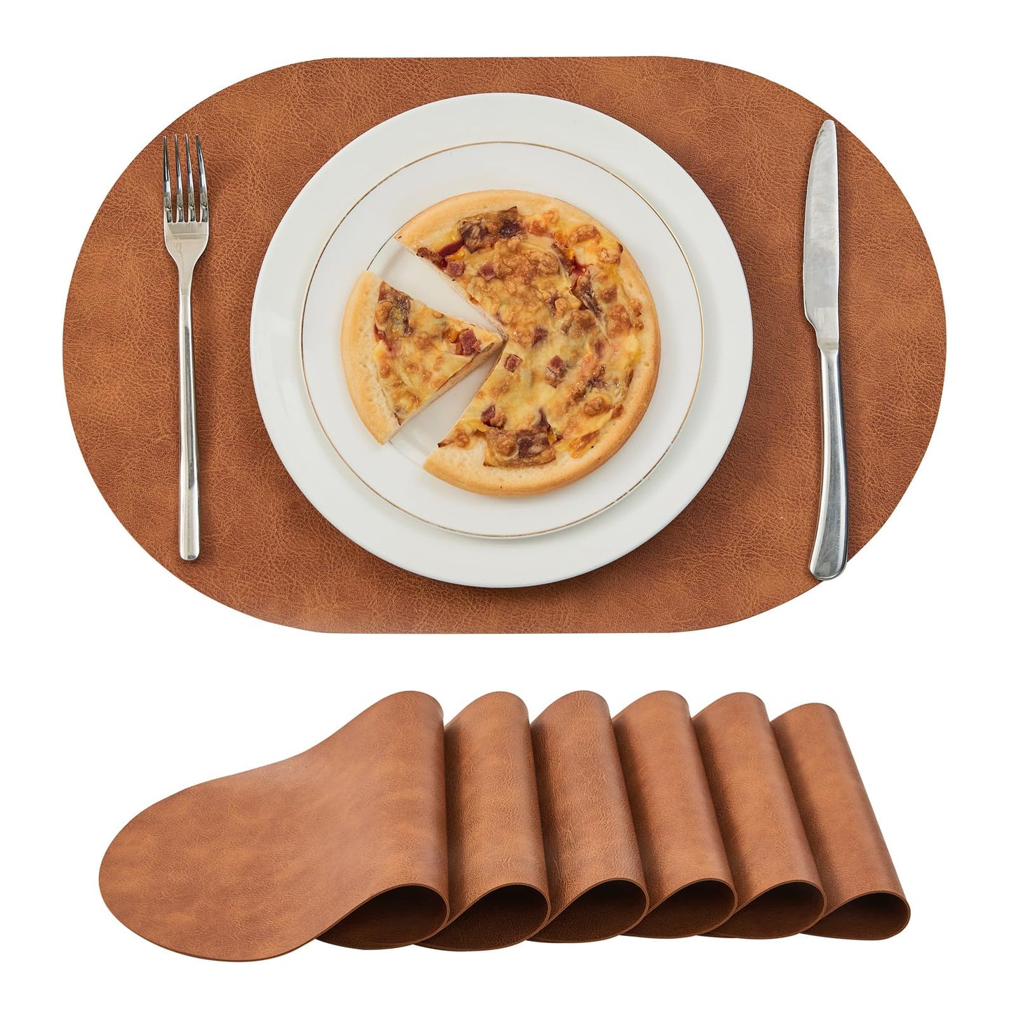 YLUSUJAKX Faux Leather Placemats Set of 6, Heat Resistant Oval Placemats 12" x 18", Waterproof Non-Slip Dining Table Mats for Kitchen Farmhouse Modern Home Decor