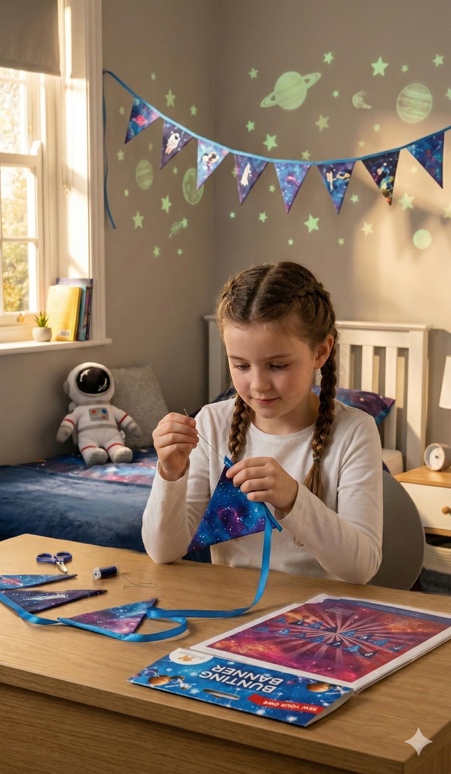 NASA DIY Canvas Bunting Kit – Space-Themed Fabric Craft Project for Home Décor – Includes 24" x 43" Blue Canvas Panel, Navy Backing & Binding – Makes 11ft Handmade Banner