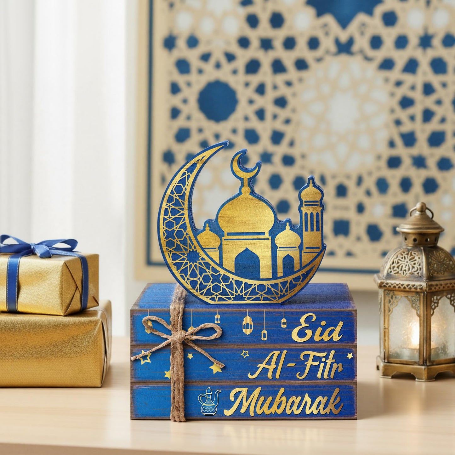 Geelin 4 Pcs Eid Mubarak Tiered Tray Decor Wooden Book Stack Signs, Blue Gold Islamic Crescent Moon Mosque Table Centerpiece for Ramadan Home Shelf Coffee Bar Mantel Decorations