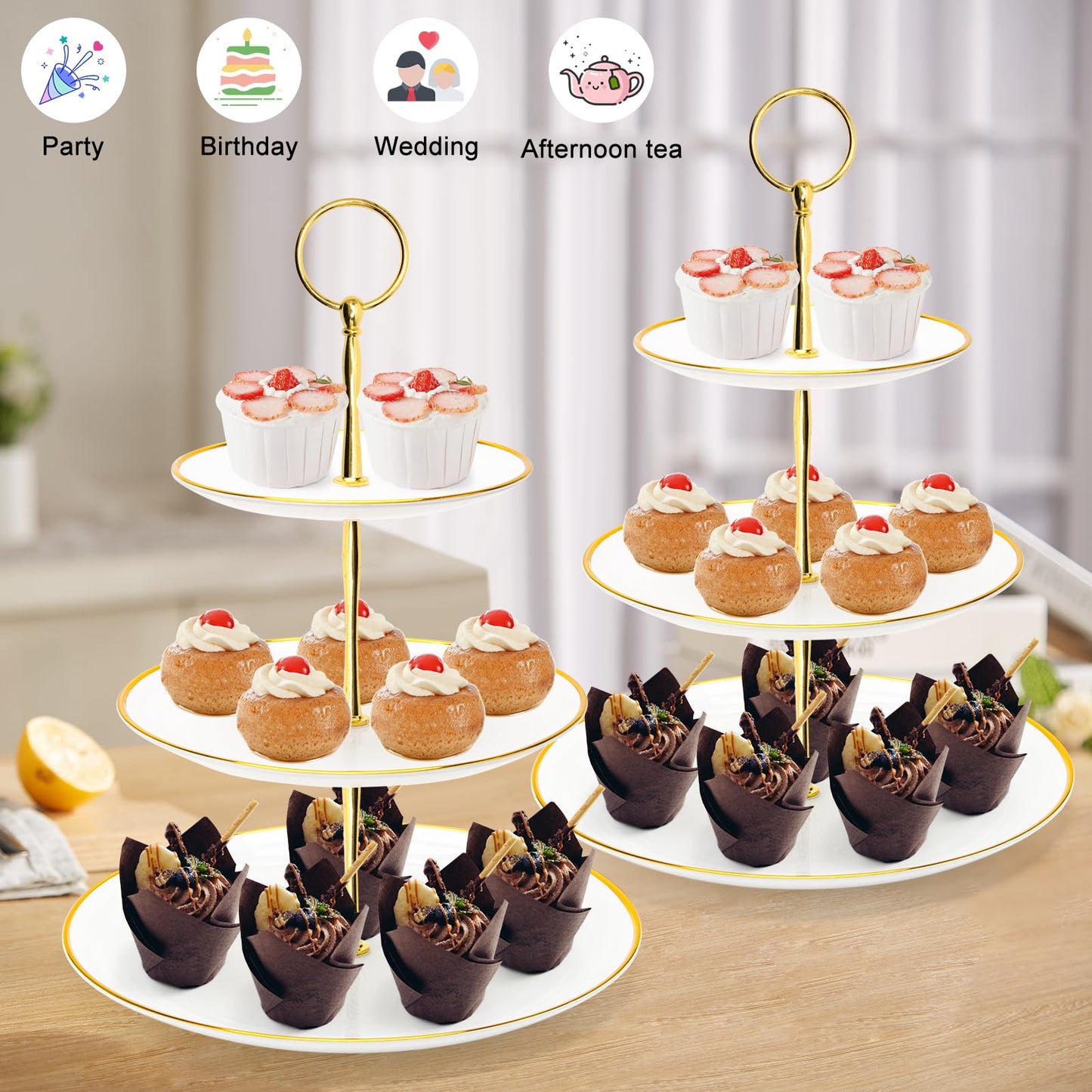 Coitak 3 Tier Cupcake Stand, Plastic Tiered Serving Stand, Dessert Tower Tray for Tea Party, Birthday and Wedding (Round-gold edge)