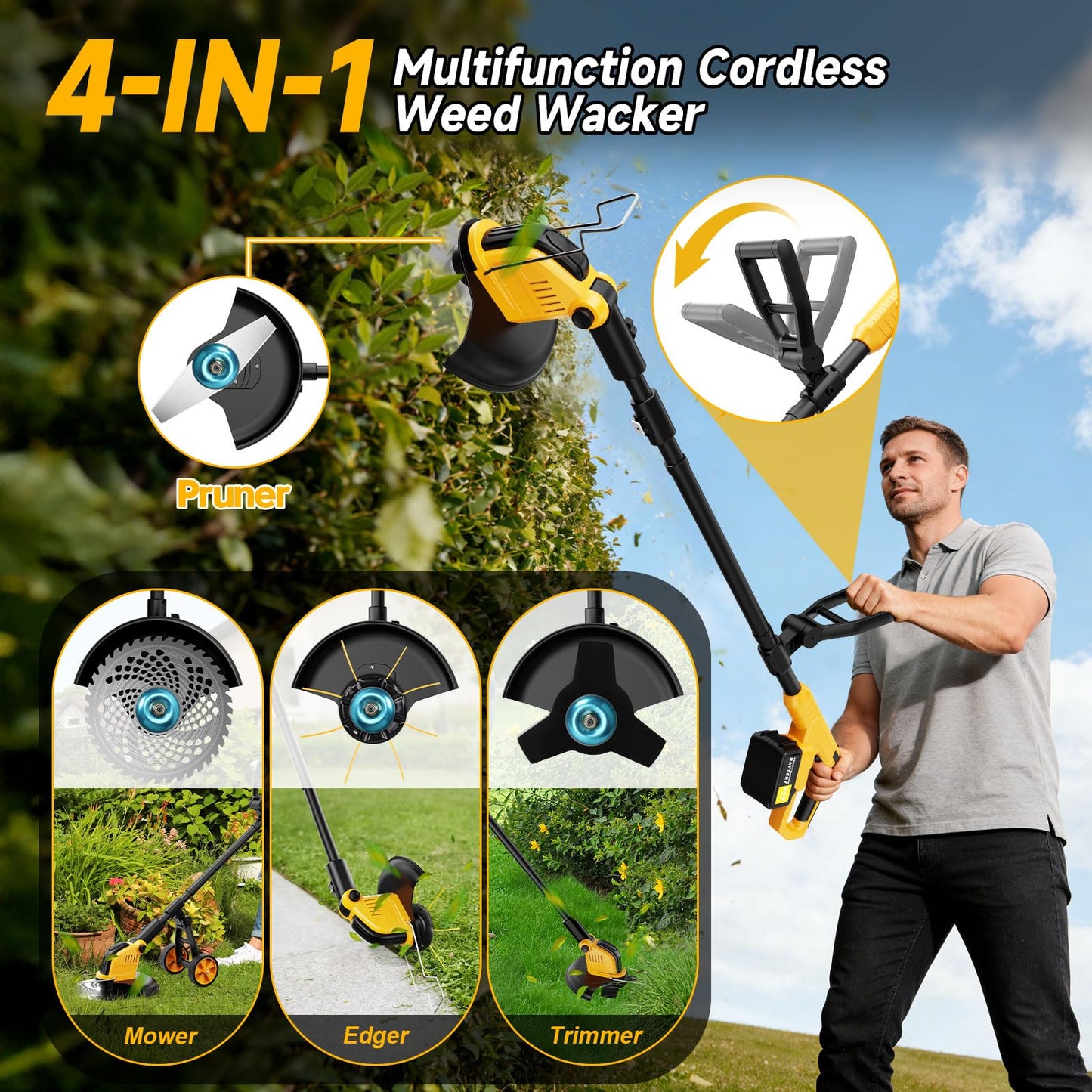 20000 RPM Brushless Battery Weed Wacker Cordless, 6000mAh Electric Weed Eater Battery Powered, Heavy Duty Brush Cutter Edger Lawn Tool/Weed Trimmer/Grass Trimmer W/Wheel Metal Blade, 2 Battery